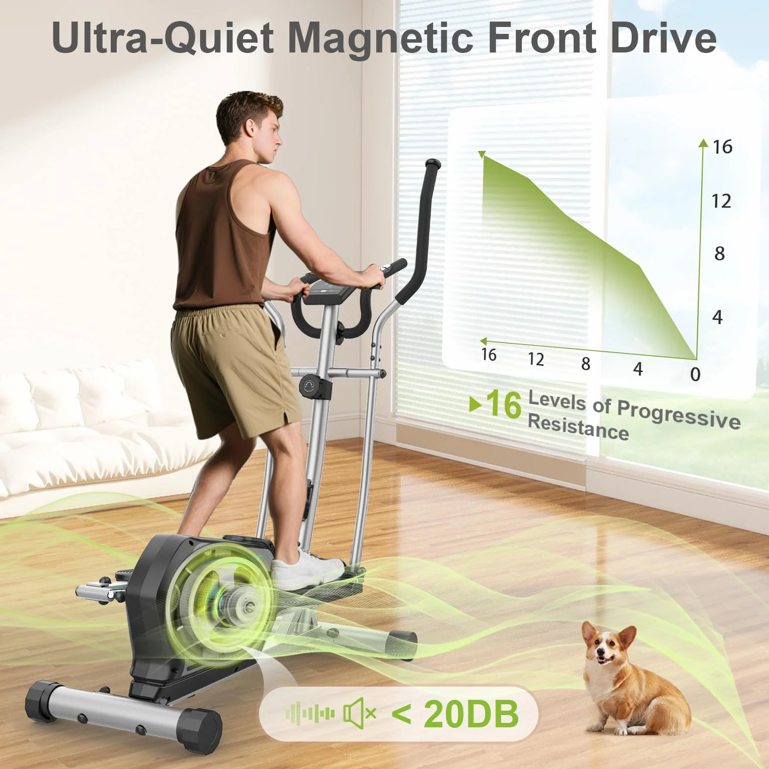 Vélo elliptique magnétique 16 niveaux de résistance Bluetooth App pulse rate grips LCD monitor capacité max 130 kg