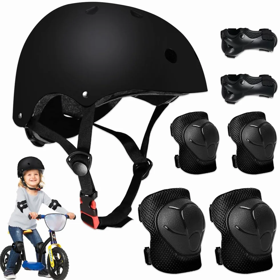 Mizikuu Protection Roller Enfant 7 en 1 Casque Vélo Kit Réglables Coudières Genouillère Protège Poignets pour 3-7 Ans Skateboard BMX Patin à Glace Noir