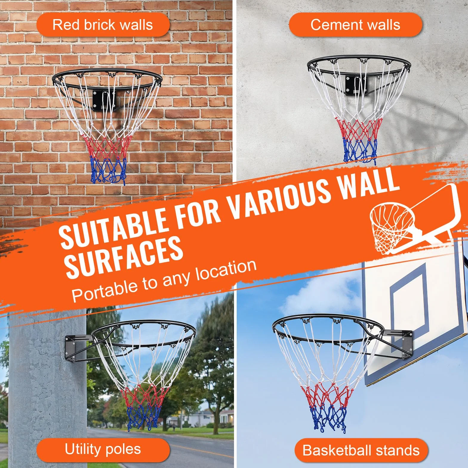 VEVOR Panier de Basket Diamètre 485 mm Cerceau Acier Carbone Filet But Mural Remplacement Entraînement Extérieur Intérieur