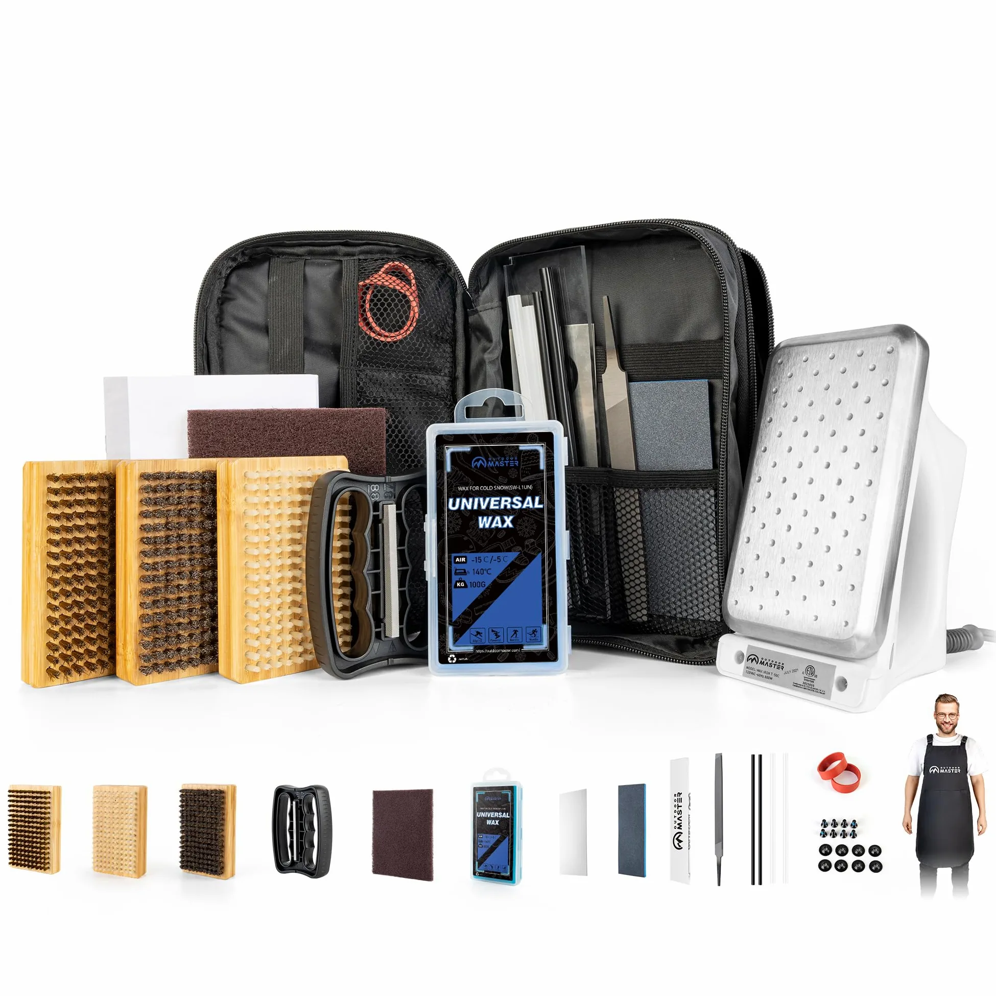 OutdoorMaster Kit de réglage et d'épilation à la cire pour ski et snowboard avec fer à cirer, cire universelle, accordeur de bord, brosse, grattoir de cire, Ptex, vis de fixation, bande en caoutchouc