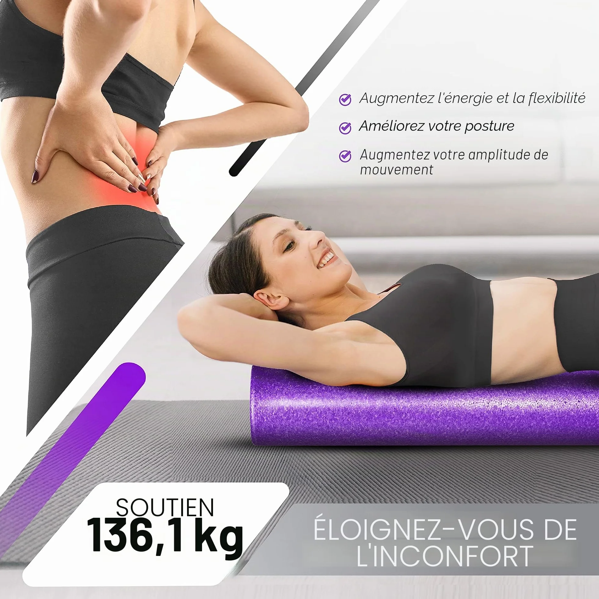 Yes4All Rouleau Mousse Rond en EPP Haute Densité pour le Dos, Yoga, Pilates & Étirements - 30, 45, 60, 90 cm