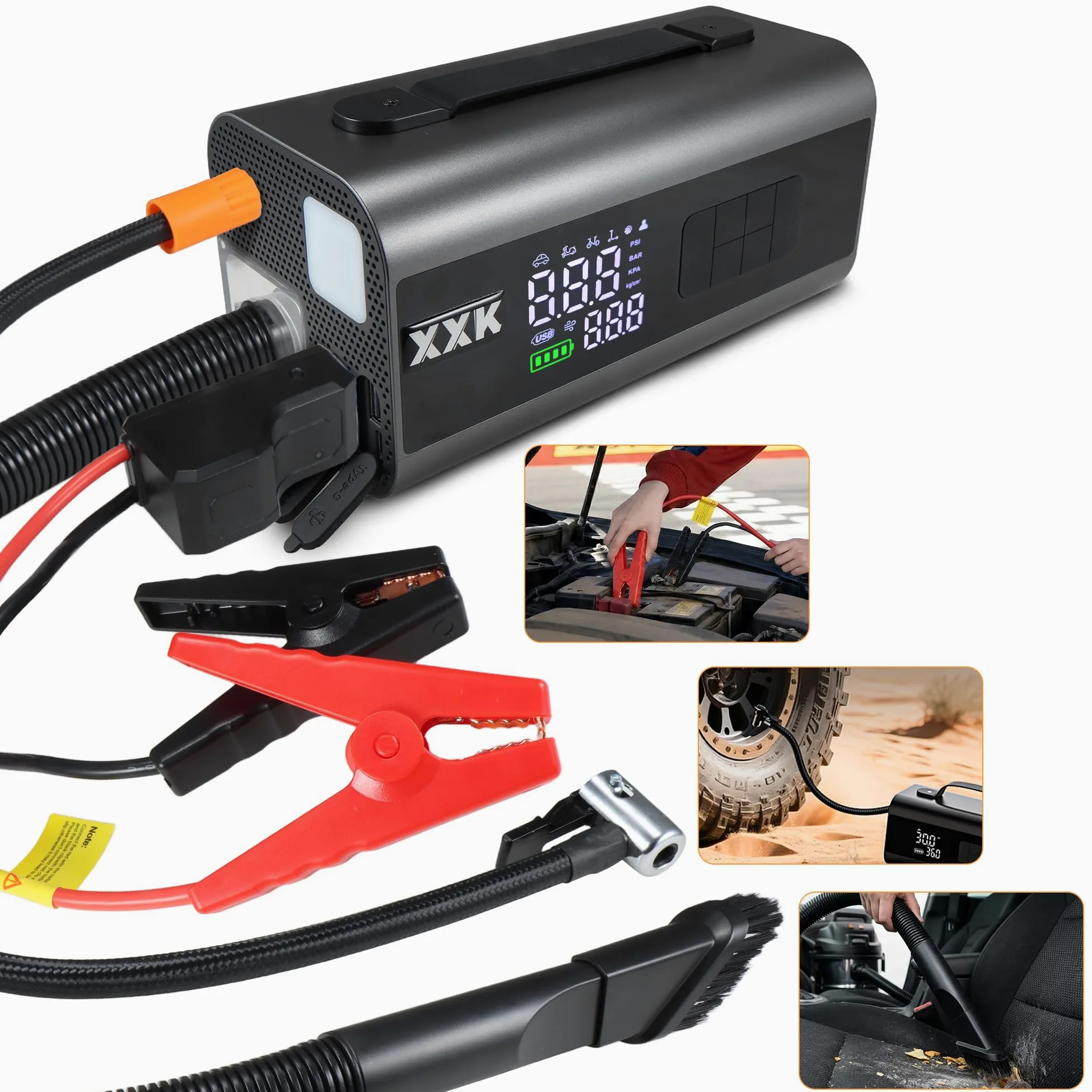 Gonfleur de pneu portable et démarreur de voiture, pompe à air de 150 PSI avec jauge numérique, lumière LED, arrêt automatique, aspiration et soufflage d'air, pour balles de voiture, moto, vélo