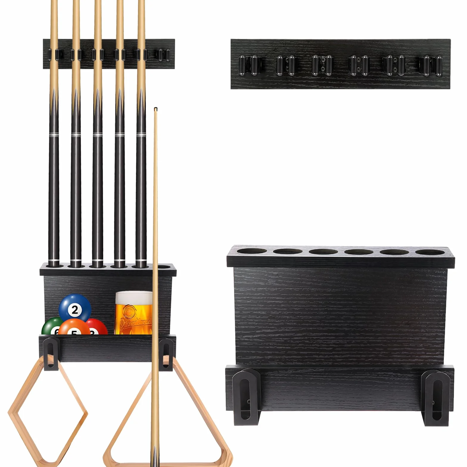 Support mural pour queues de billard, porte-queues 6 queues, bois dur, noir