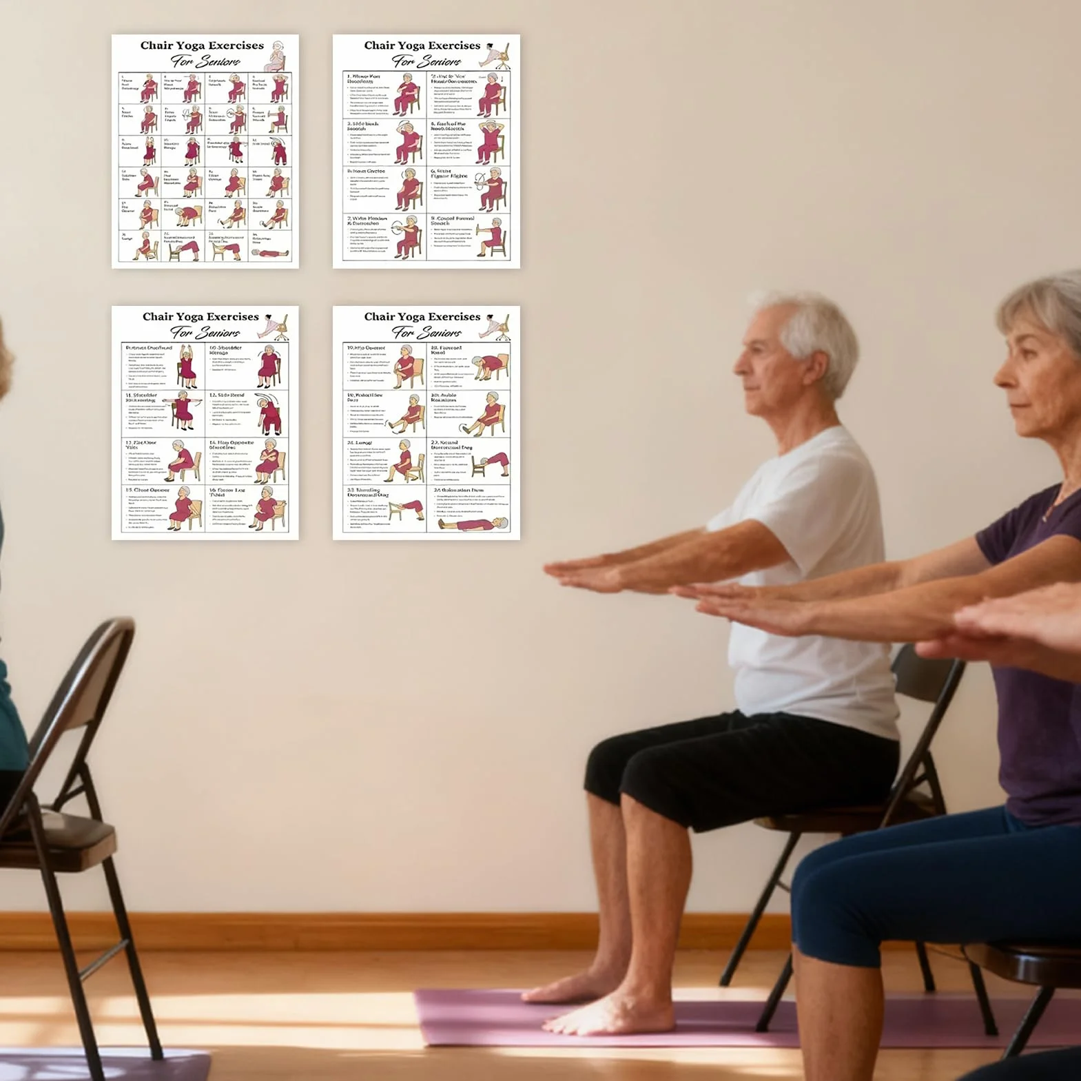 Poster de yoga sur chaise, routines organisées, 5 défis de 30 jours, tableaux d'exercices laminés, affiche d'entraînement de yoga pour personnes âgées