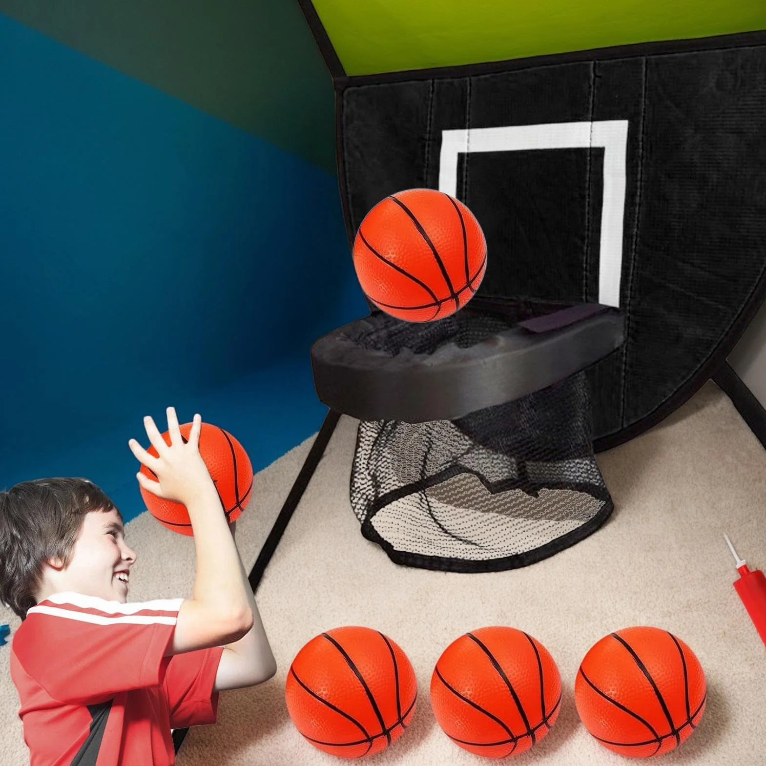 Panier de Basket-Ball pour Trampoline avec Filet, 4 Balles et Pompe, Filet Amovible pour Sports d'Intérieur et Plein Air