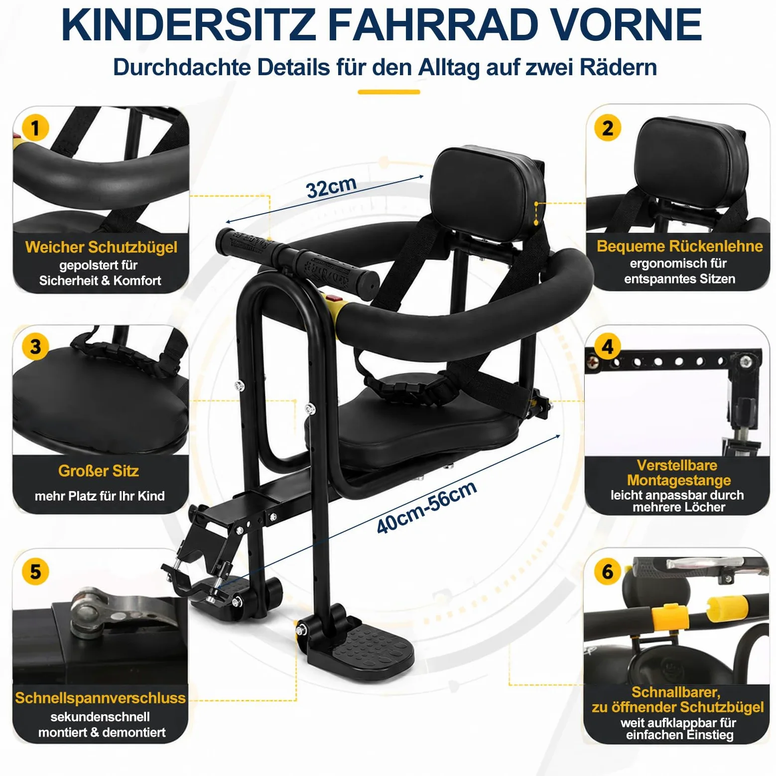 Siège avant de vélo pour enfant avec poignée de rampe, siège de vélo pour enfant et pédales rétractables, selle amovible pour adultes, VTT, vélos pliants, vélos de ville
