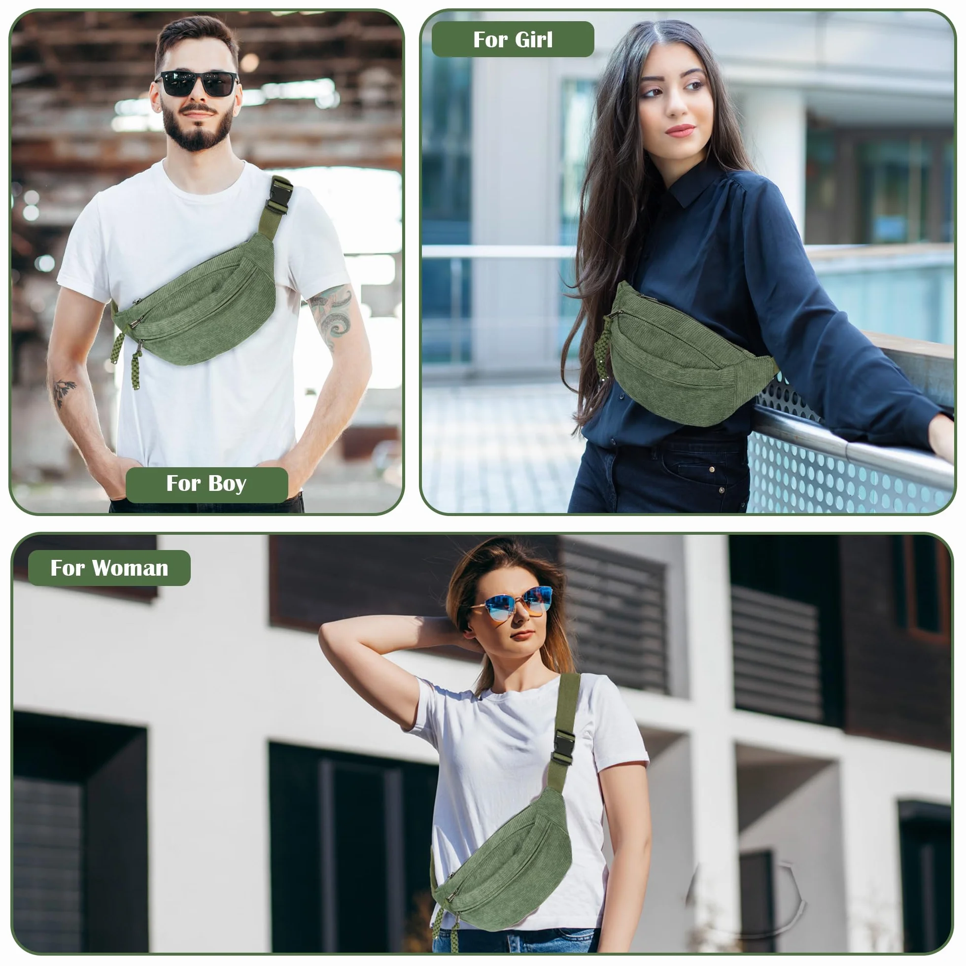 Sac Banane Femme Velours Côtelé Bandoulière Réglable Vert Randonnée Cyclisme