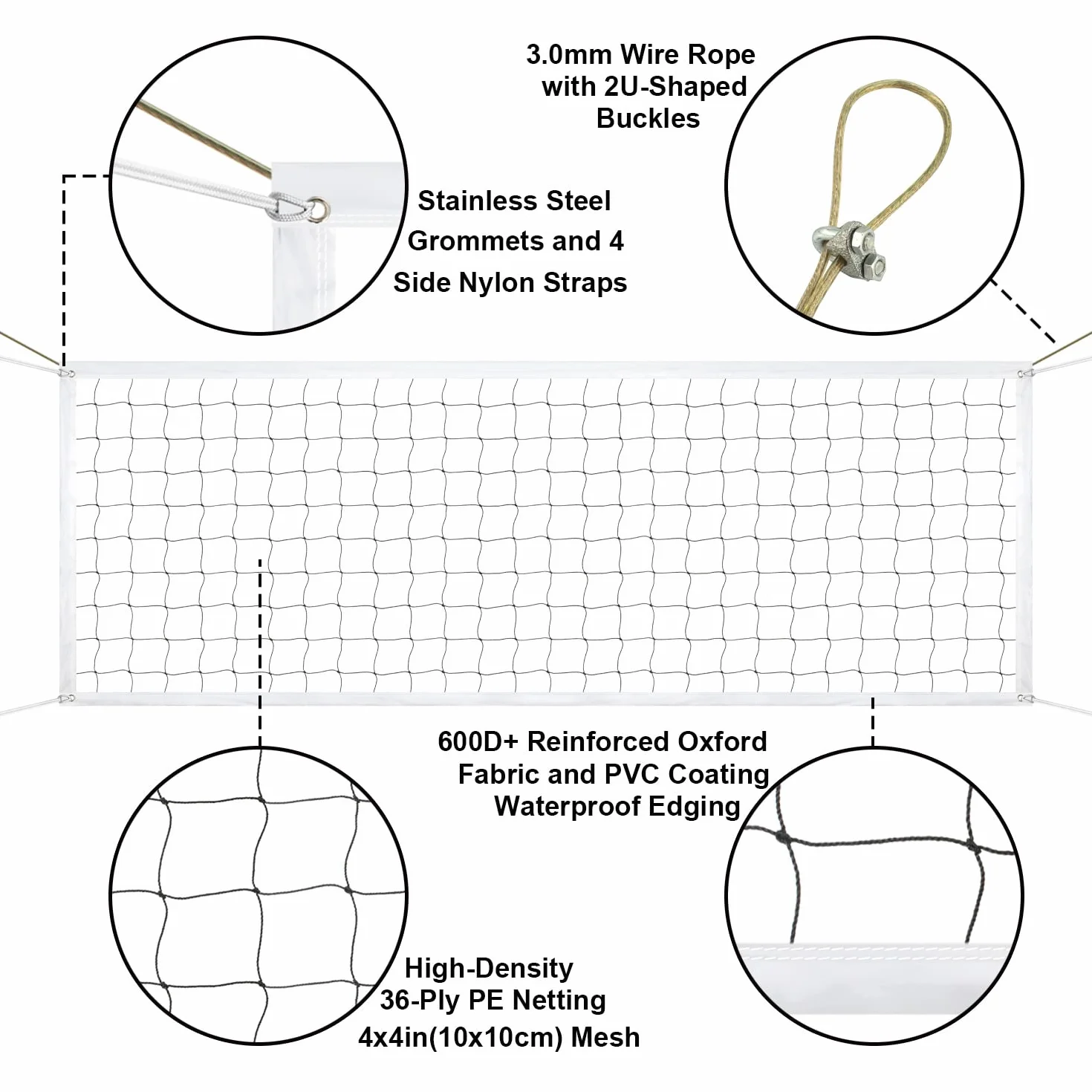Professionel Filet de Volley-Ball 9,5m x 1m avec Câble Métallique d'Avion Extérieur Jardin