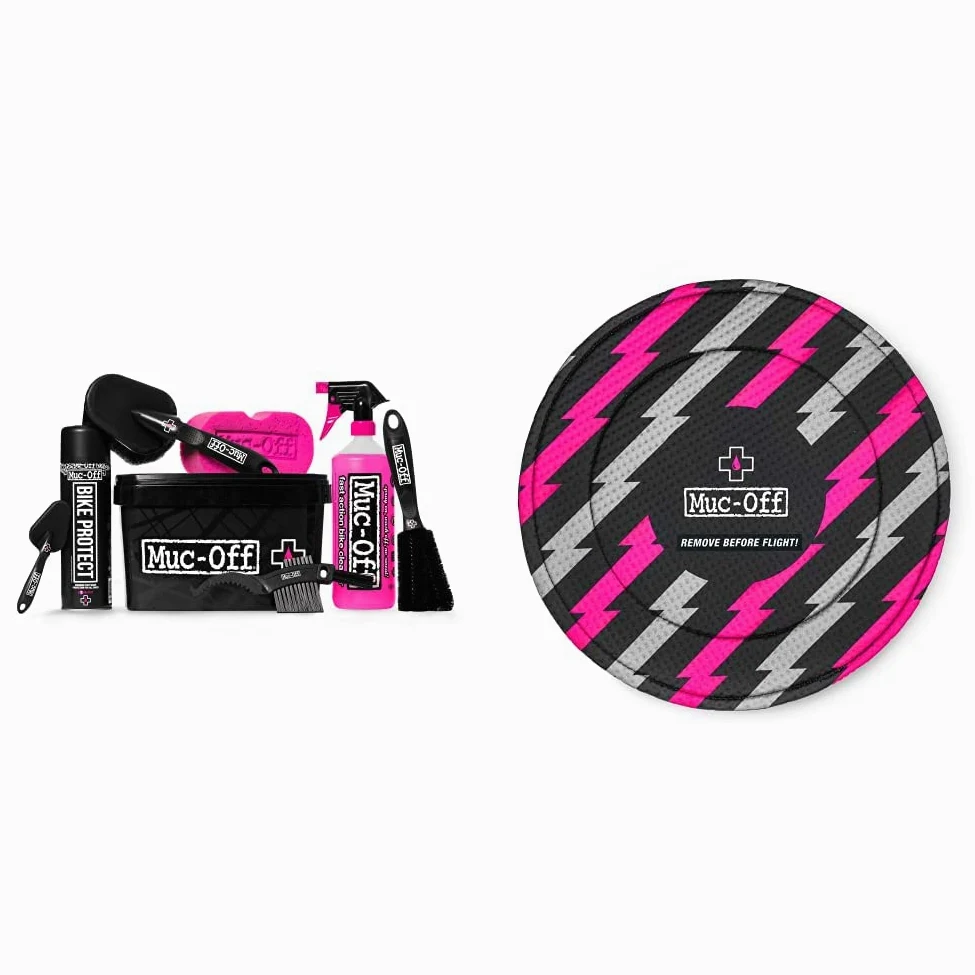 Muc-Off 8 Ensemble de nettoyage pour vélo 8 en 1 & Housses Frein à Disque Motifs Éclairs, Lot de 2 - Protège des Projections et des Dégâts en Déplacement Noir/Rose