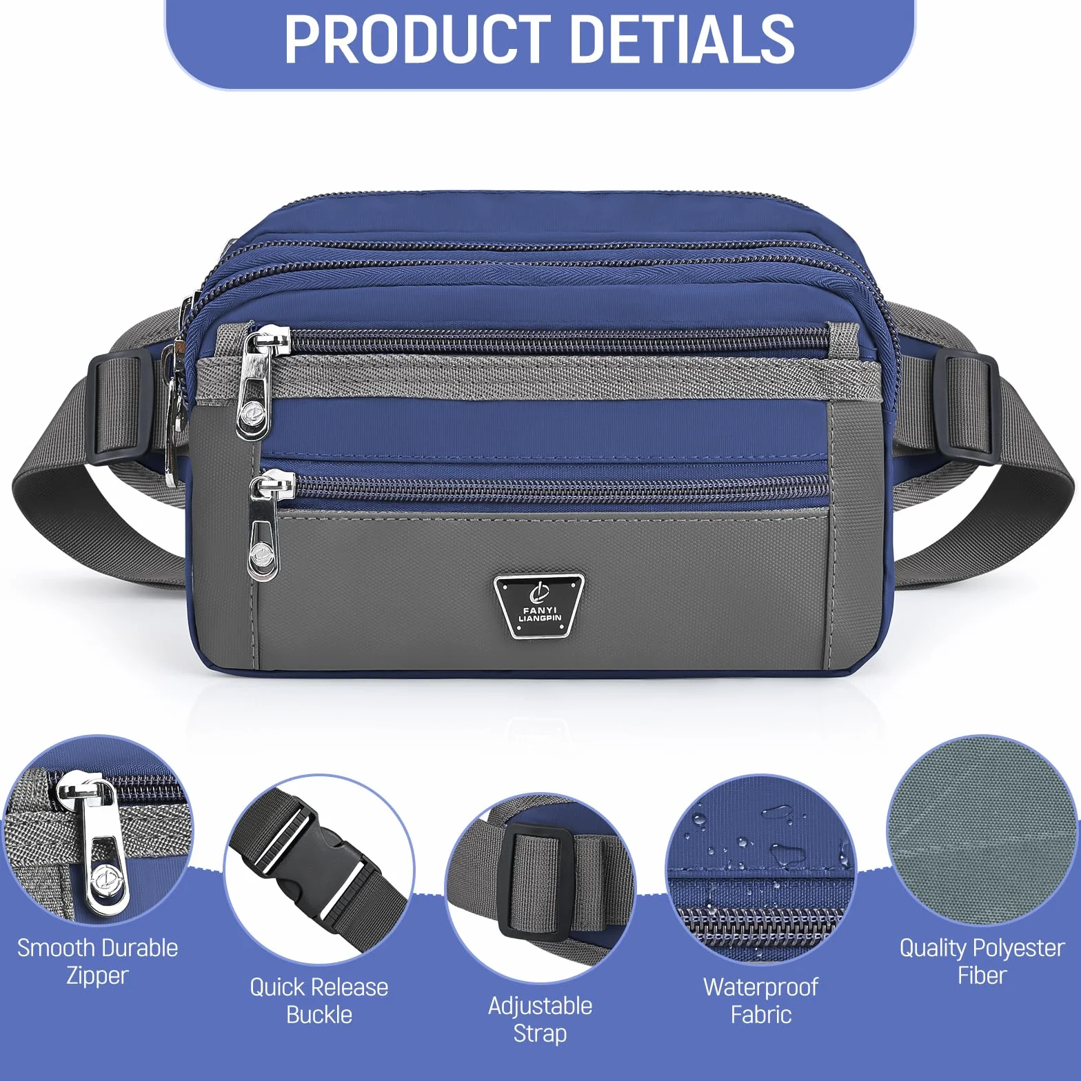 Sac Banane Homme Femme 7 Poches Zippées Sangle Réglable Grande Capacité Jogging Randonnée Cyclisme Bleu