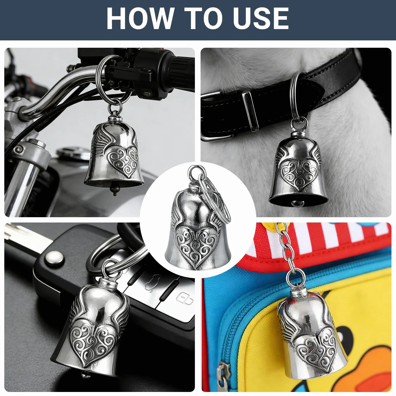 Clochette Moto Guardian Bell Porte-bonheur Ailes de Cœur, Pendentif en Acier Inoxydable pour Motard
