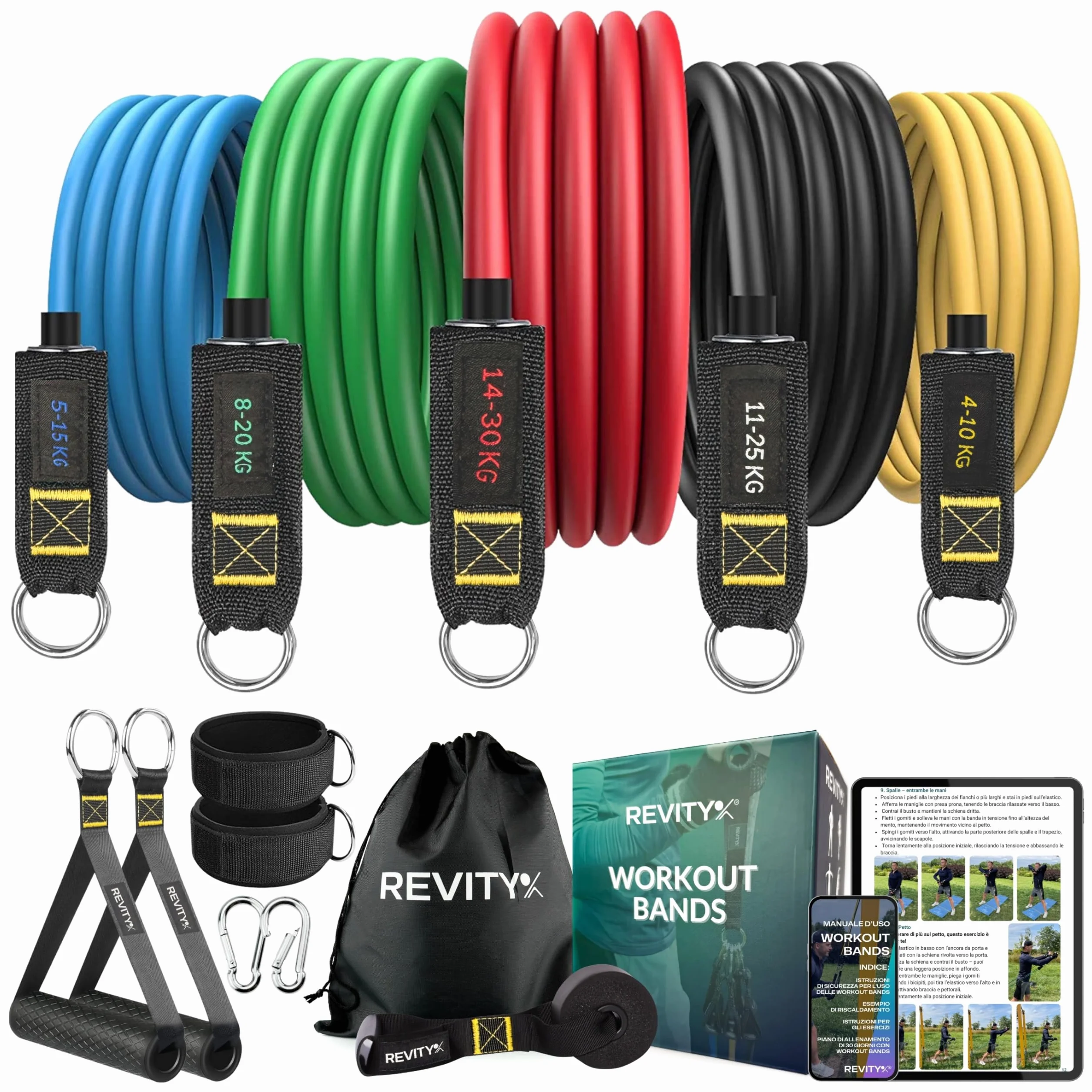 Elastique Musculation Kit 5 Pièces - Bande de Résistance avec Poignées pour Entraînement Fitness à la Maison