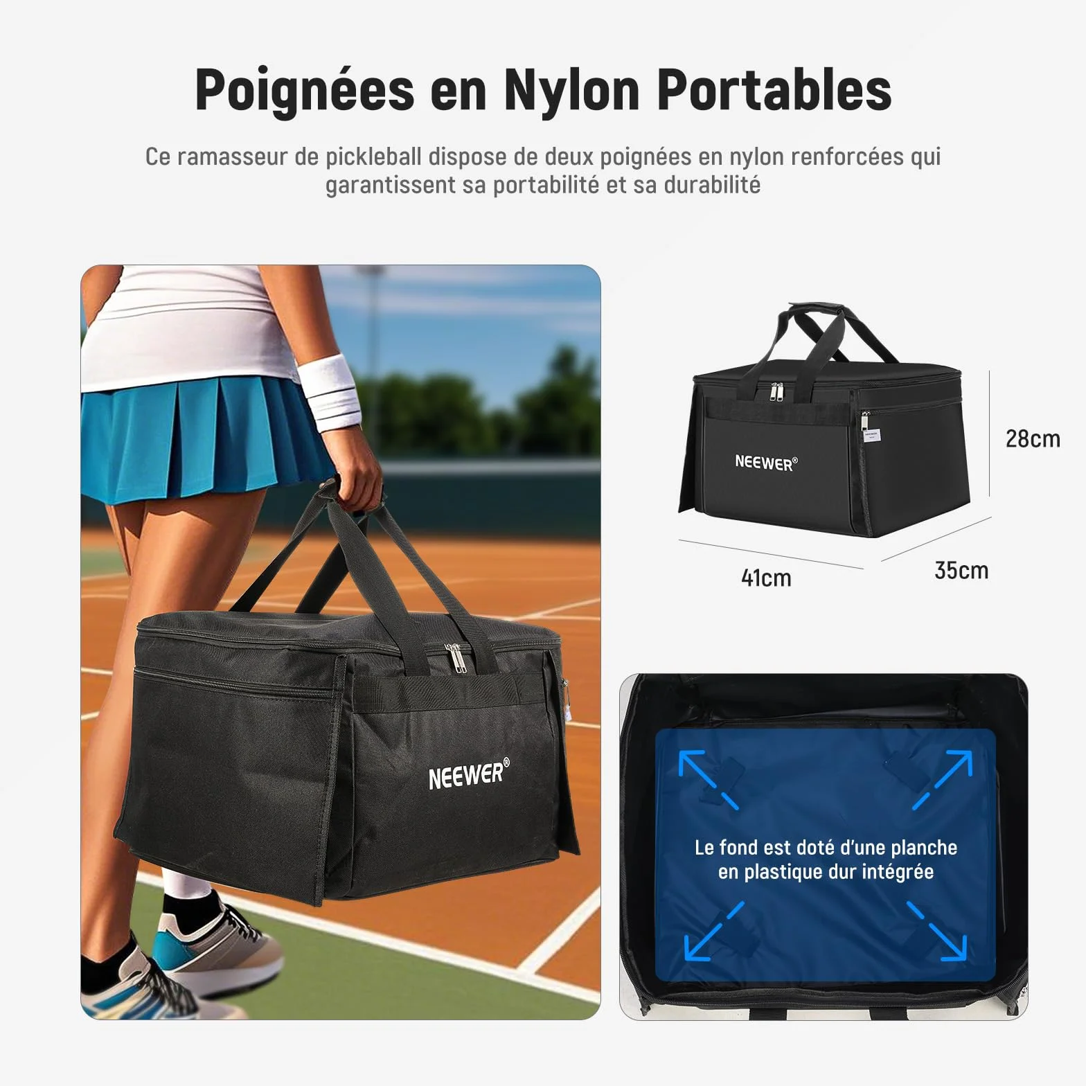 NEEWER Sac de Transport pour 110 Balles de Tennis & Pickleball Polyester Robuste pour Chariot ramasseur TB01S, Panier Caddy Léger & Portable pour Baseball & Golf avec Poches Latérales, TB01B