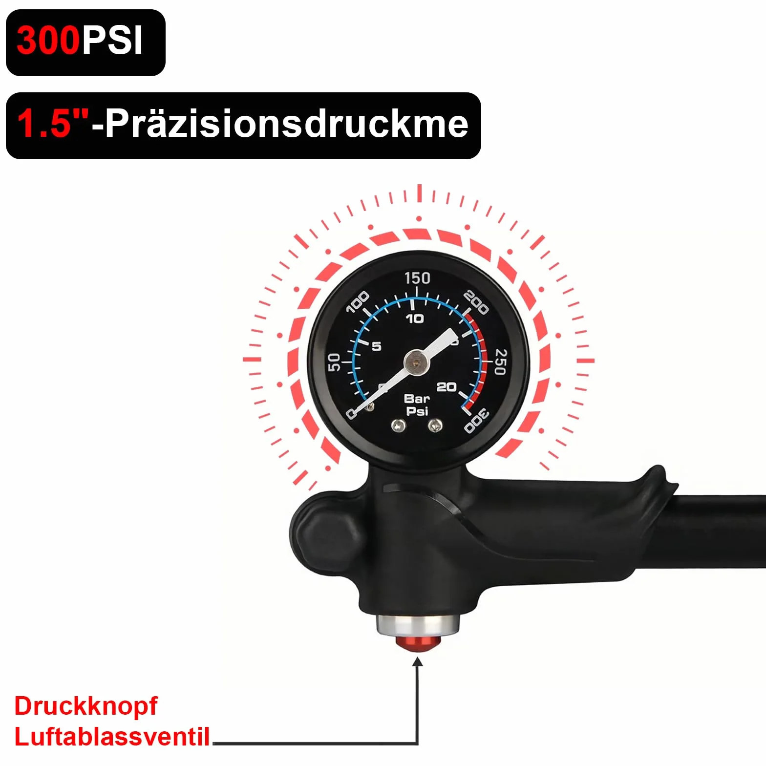 Pompe Haute Pression VTT 3 en 1 300 PSI – Pompe à Fourche, Suspension Arrière et Pneus avec Manomètre