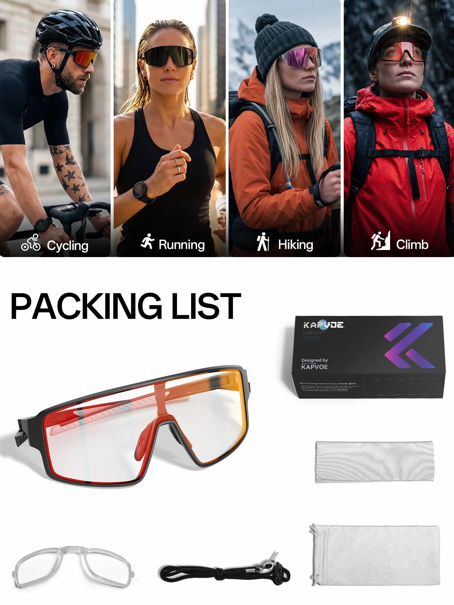 KAPVOE K473 Lunettes de Cyclisme Photochromiques UV400 Sportives