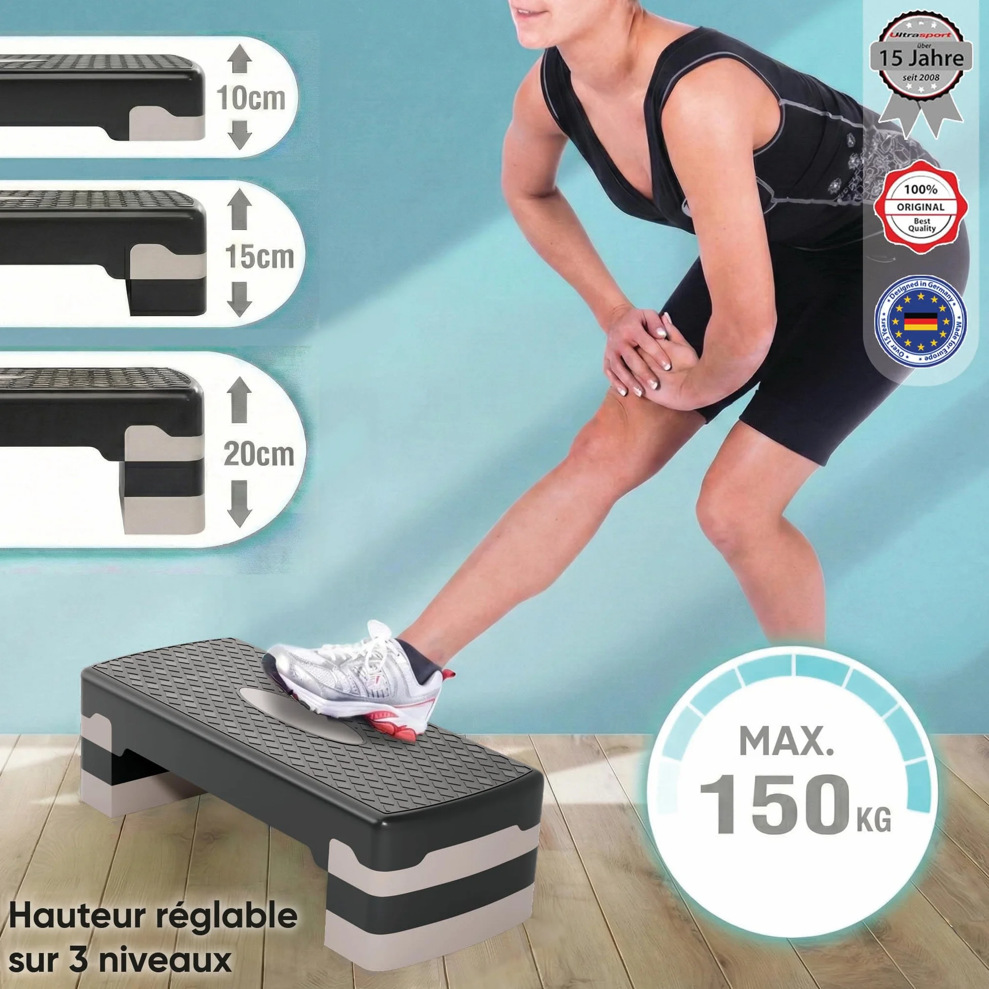 Ultrasport Step Aérobic Antidérapant 3 Niveaux Stepper Fitness 68 x 28 cm Gris