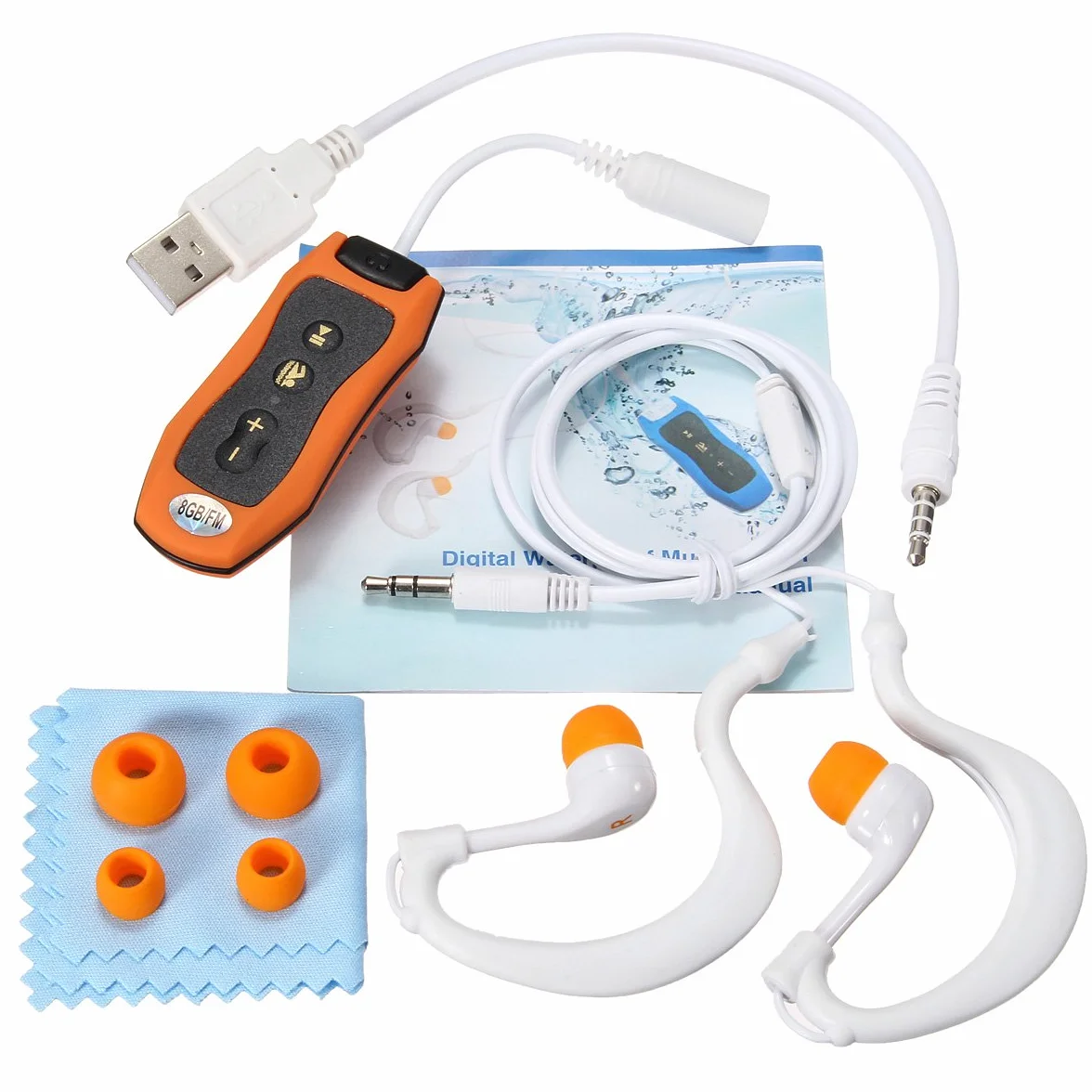 Lecteur MP3 Etanche Natation Plongee 8GB Radio Casque Orange