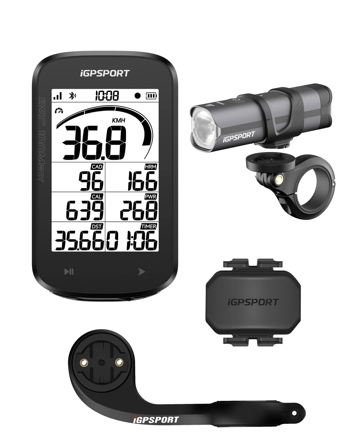 iGPSPORT BSC100MAX Compteur Velo sans Fil et 500 Lumens Lumiere Velo Intelligente et CAD70 Capteur de Cadence et M80 Support de Vélo