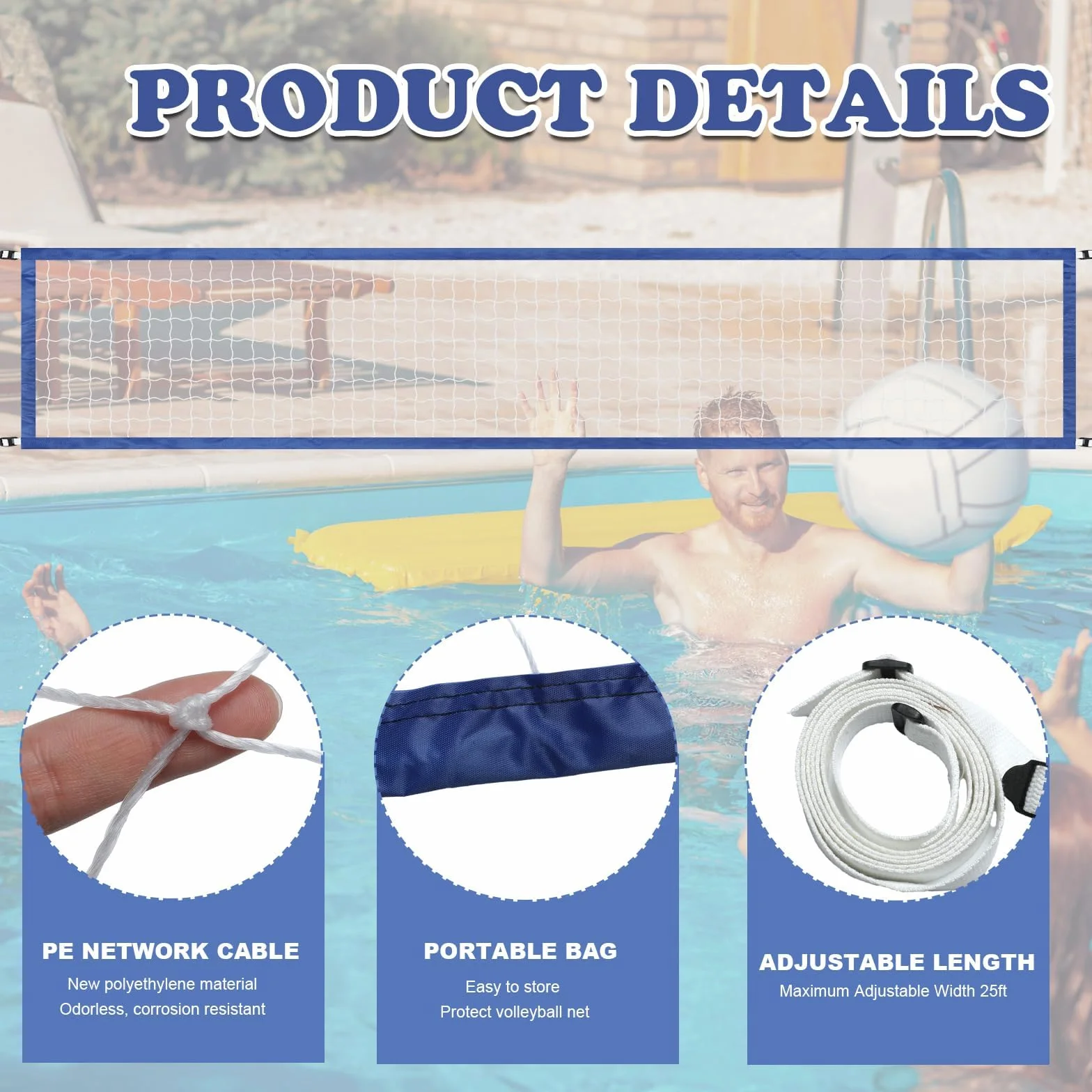 Filet Volley Piscine 457 x 91 cm PE Résistant Imperméable avec Sac de Transport