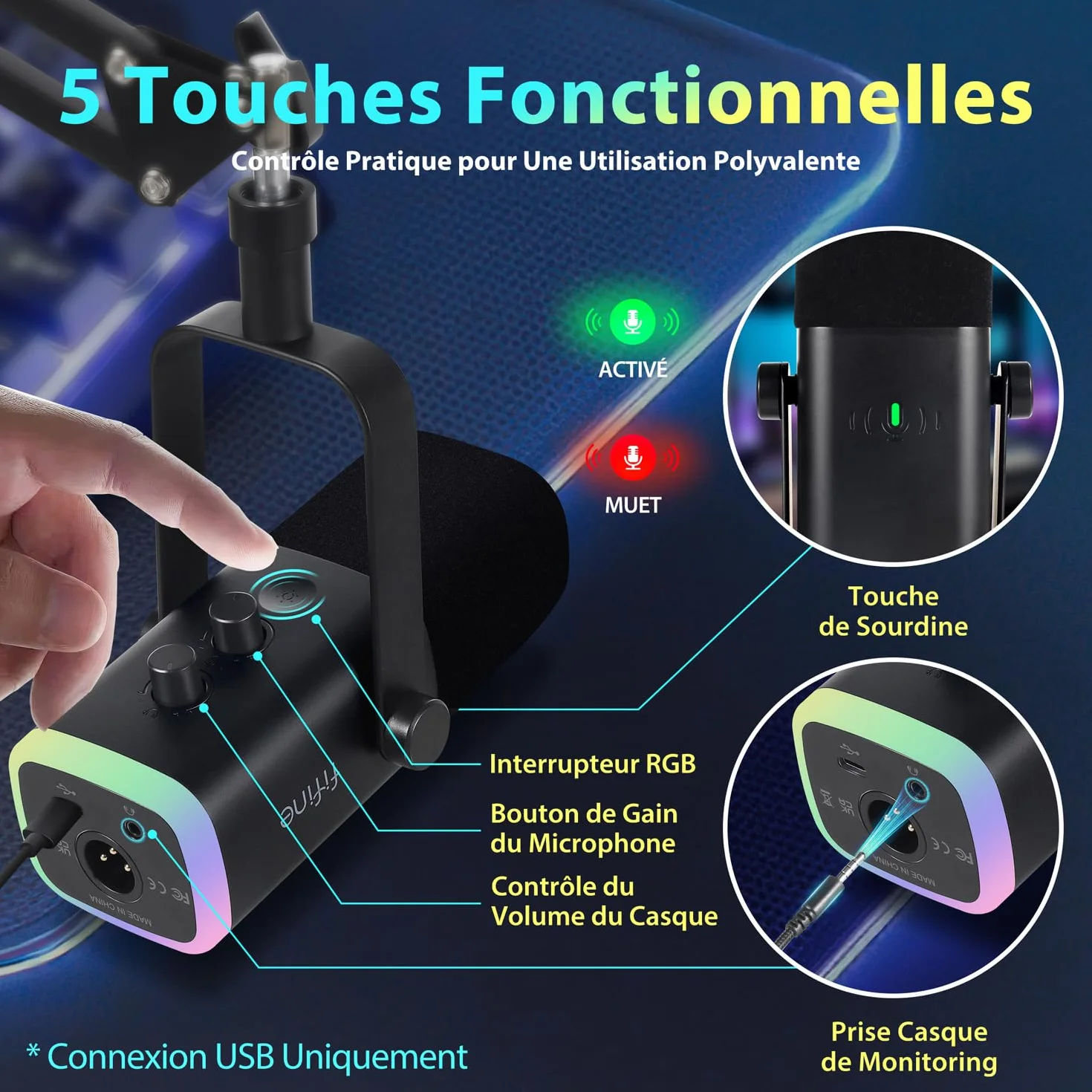 FIFINE USB/XLR Streaming Micro Gaming PC PS4 PS5, RGB Cardioïde Dynamique Microphone avec Support, pour Mixer Cartes Son, Podcasting, Enregistrement Vocal