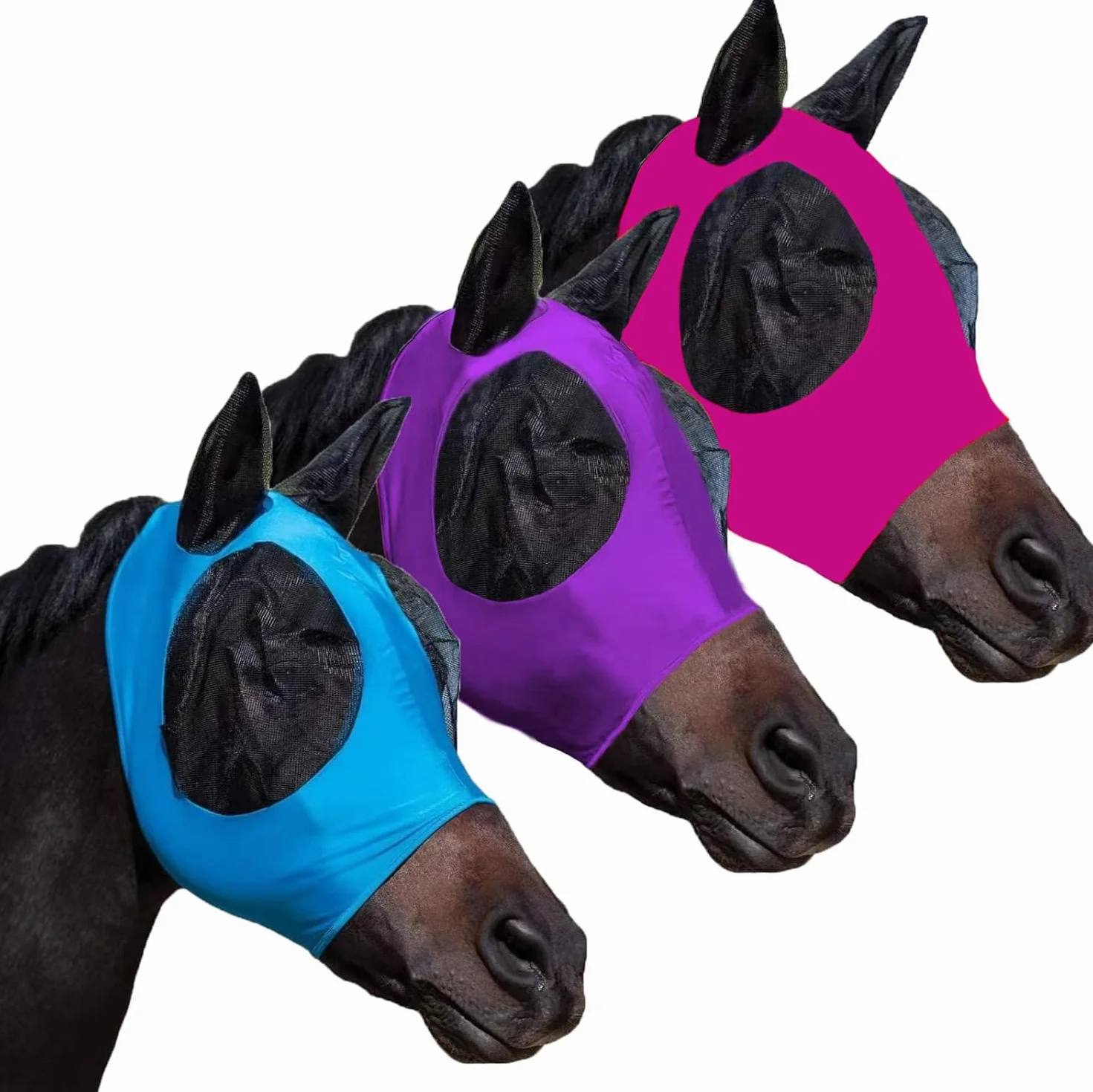 Masque anti-mouches pour chevaux avec oreilles, lycra respirante, protection UV, 3 pièces