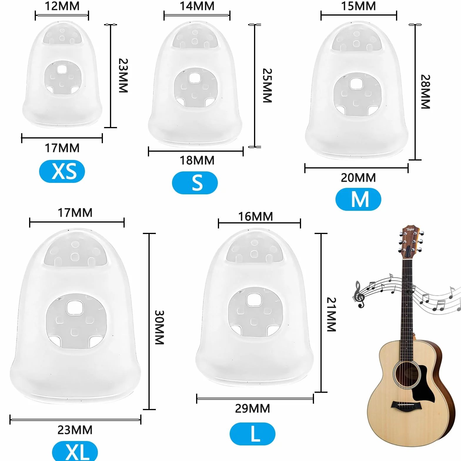Protege Doigts Silicone 5 Tailles Transparent pour Guitare Ukulele Basse, Capuchons Doigt Respirant Anti Derapant
