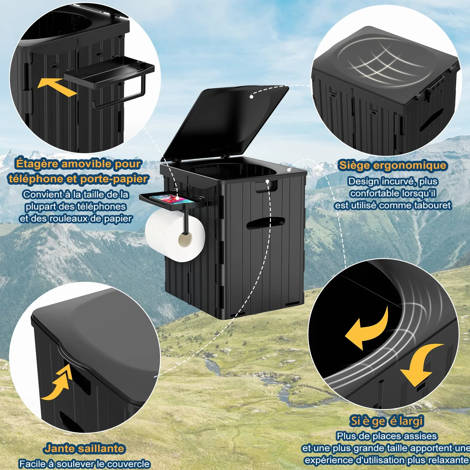 WADEO Toilettes de Camping Portables Pliables pour Adultes avec Urinateur Noir