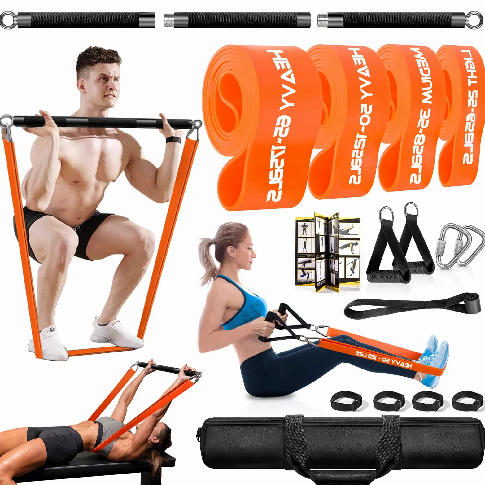DASKING Kit de Bandes de Résistance avec Barre d'exercice, Amovible Pilates Barre + 4 Bande Élastique Latex-Kit de Barres Fitness pour la Musculation, Le Yoga -Équipement de Domicile Sports, Home Gym