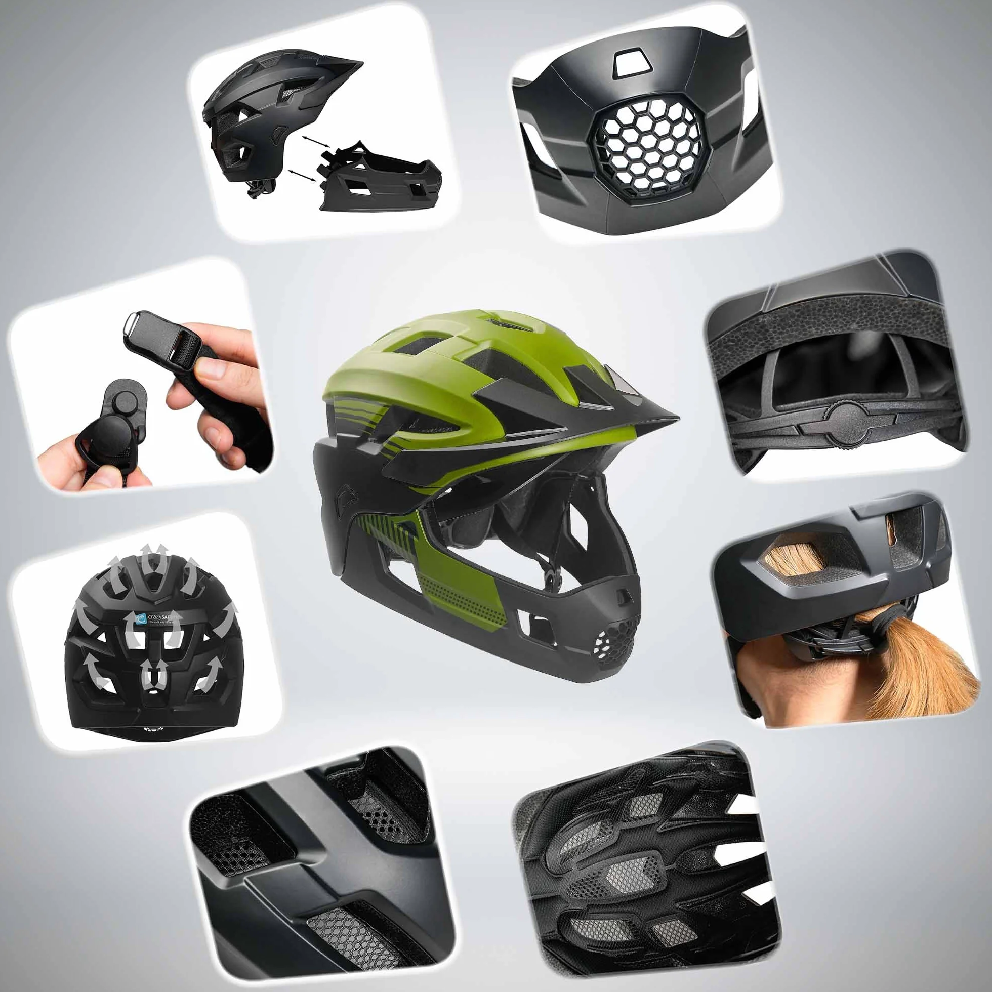 Crazy Safety Casque Vélo Intégral Vert 2-en-1 pour BMX VTT Patinage Taille M 54-57 cm