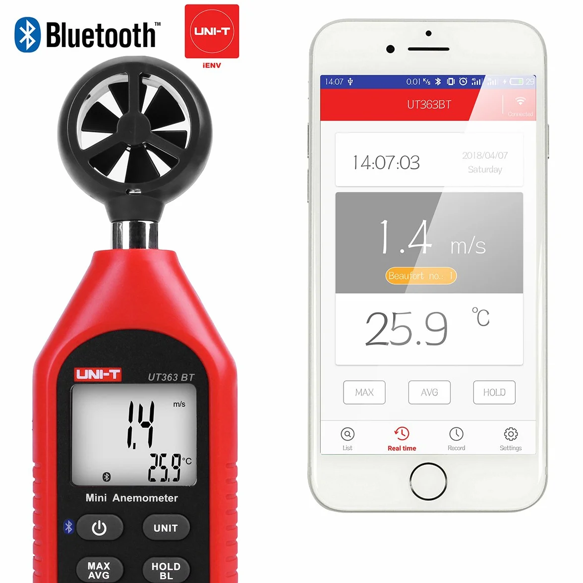 Uni-T Anémomètre Bluetooth Portable Mini Numérique avec Thermomètre Max/Min Écran LCD Rétroéclairé