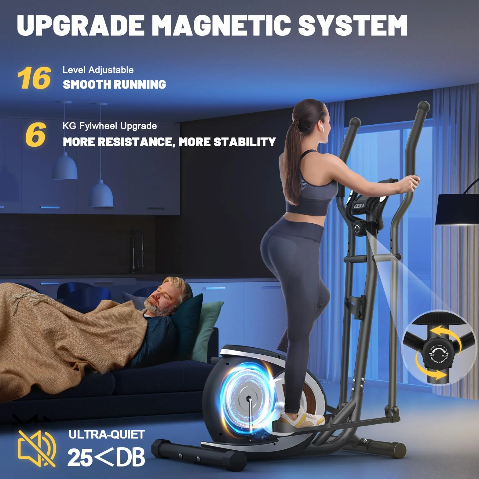Vélo Elliptique Magnétique Ultra-Silencieux 16 Niveaux Résistance Écran LCD Pédale Antidérapante Capacité 265 LBS