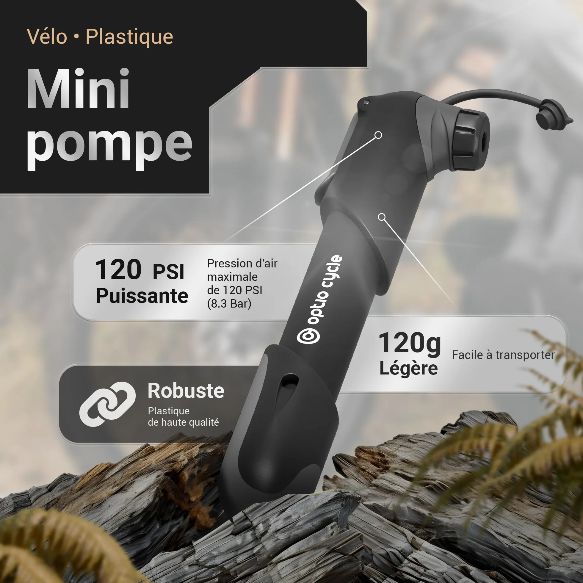 Pompe Velo 120 PSI 8,3 Bar Portable Compacte Manuelle pour Presta et Schrader