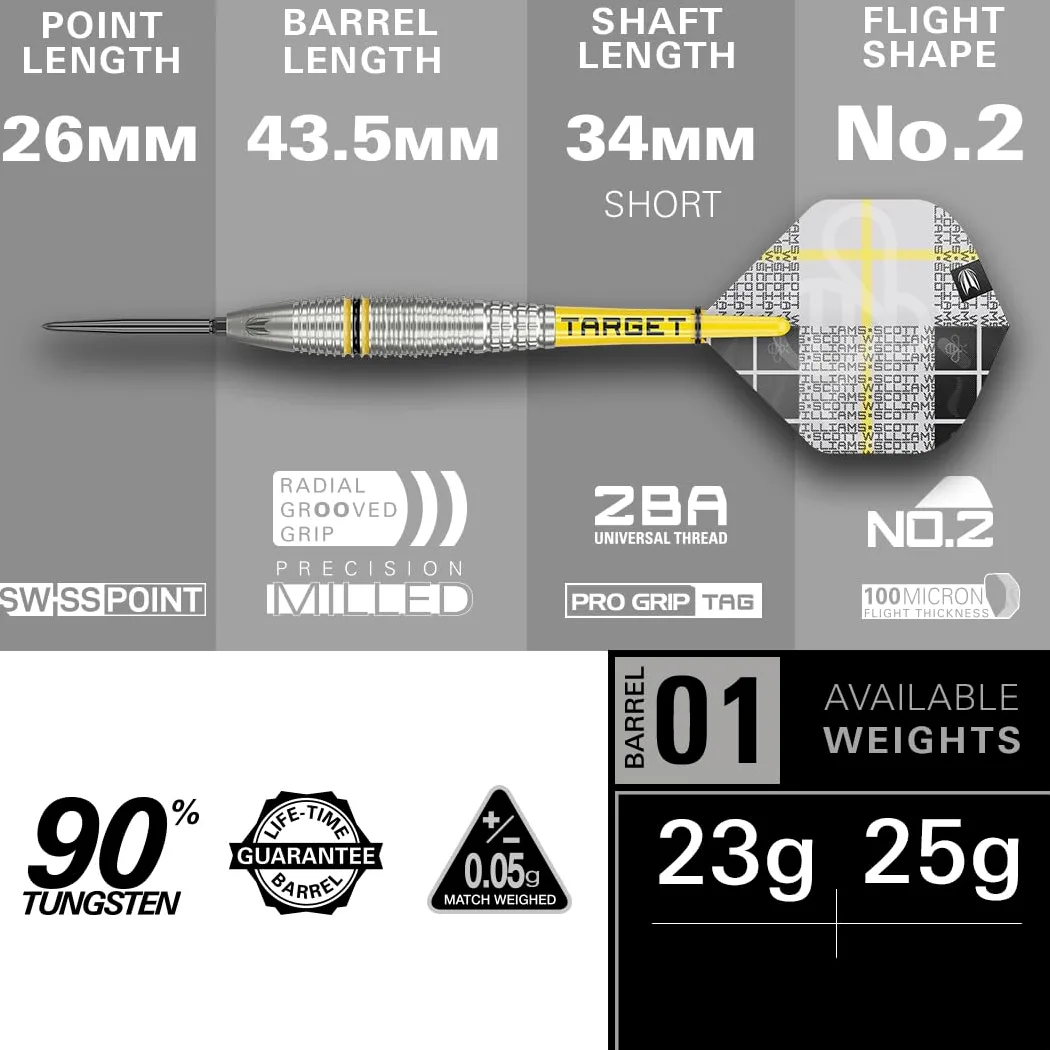 Target Darts Scott Williams Generation 2 Swiss Point Jeu de Fléchettes à Pointe en Acier, 23G/25G | Fléchettes Player Edition G2 90% Tungstène, Ailettes Pro Ultra No.2, Manches Pro Grip Tag et Outil