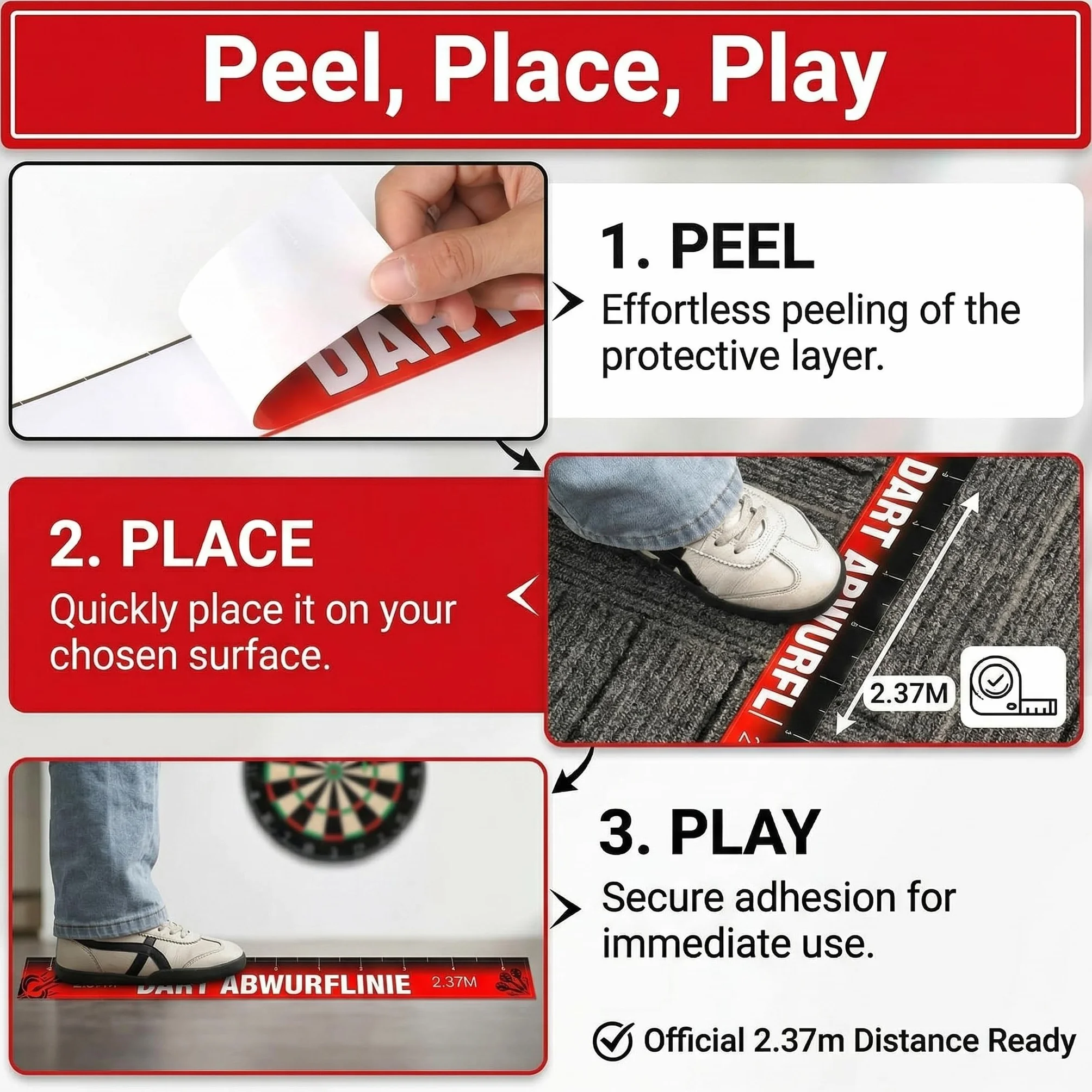 Tapis Fléchette Sol avec Ligne de Lancer 56 x 5 cm, Autocollant Oche Dart Antidérapant, Marquage Précision Distance