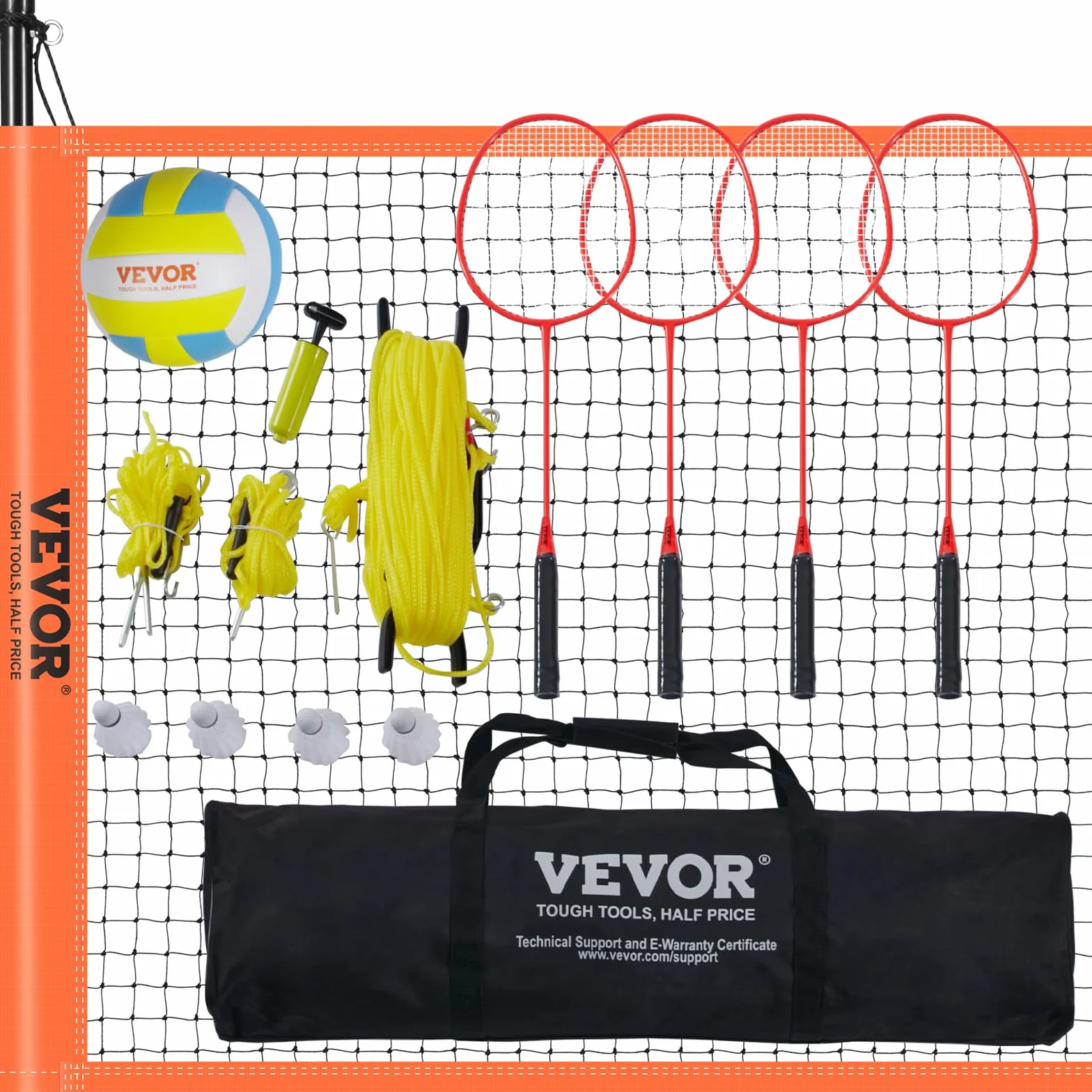 VEVOR Ensemble de Volley-Ball et Badminton, Filet Portable d'Extérieur, Poteaux en Acier Hauteur Réglable, pour Pelouse Plage Jardin