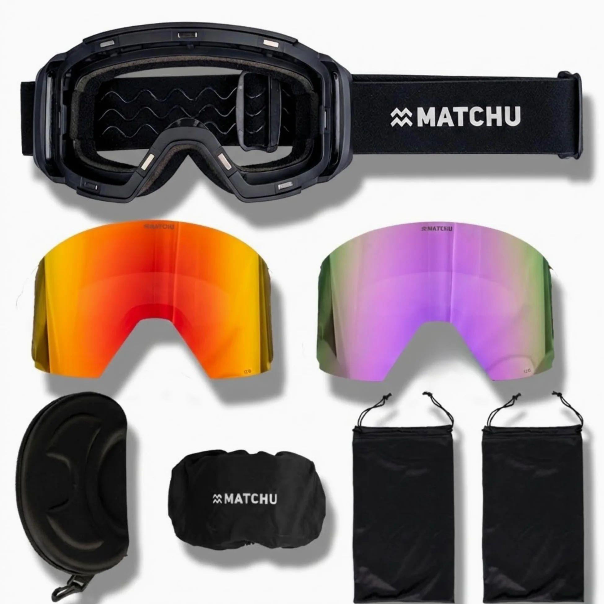 MATCHU - Masque de Ski Premium, Verres Interchangeables S2/S3, Double Anti-Buée, Coffret Luxe & Housse Microfibre