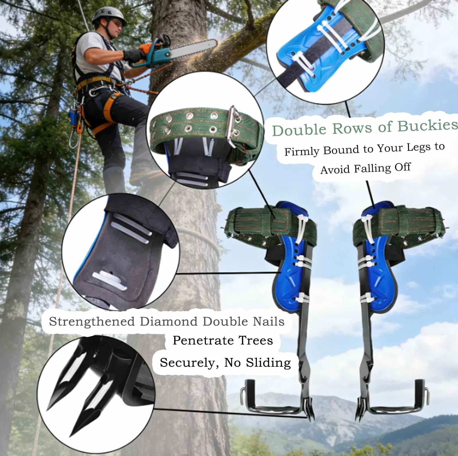 Kit d'Escalade sur Arbre avec Griffes d'Élagage Double Dents Trempées, Baudrier Ajustable et Corde de Sécurité 3M pour Arboriculture