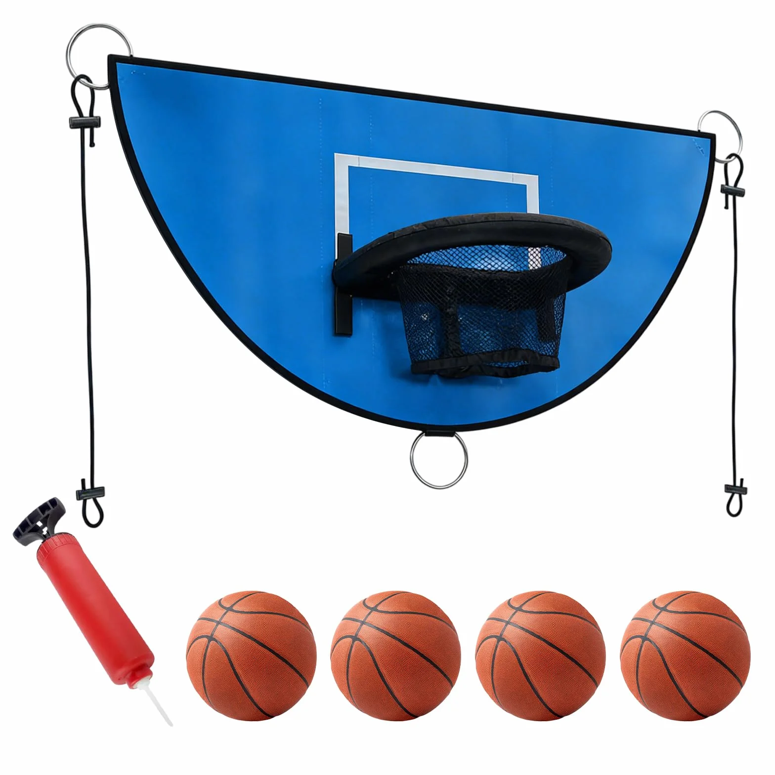Panier de basket pour trampoline avec 4 mini ballons et pompe, support universel avec protection solaire - Bleu