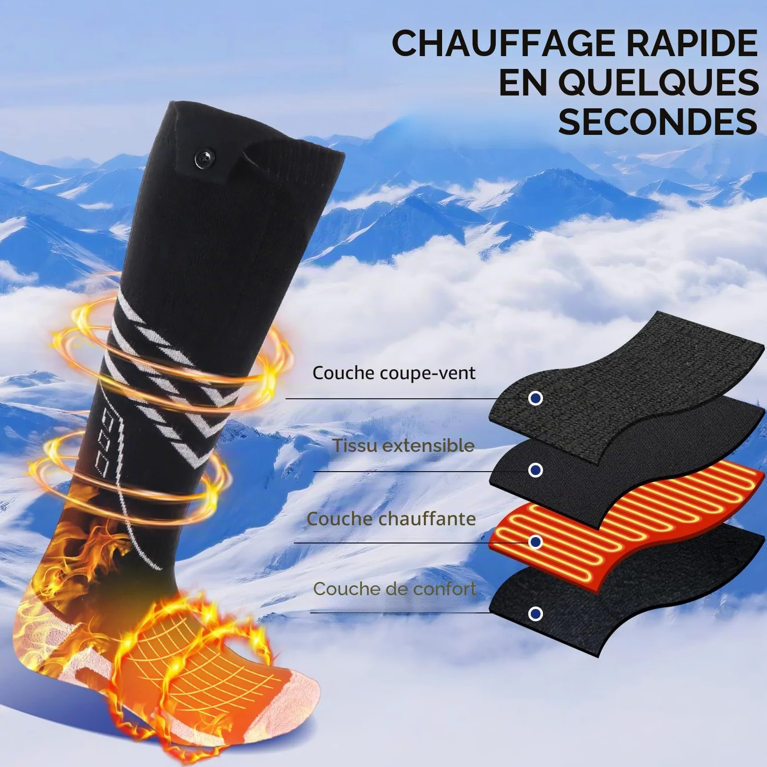 Ninonly Chaussettes Chauffantes pour Hommes Femmes 8500mAh Contrôle par APP 4 Niveaux de Chauffage Batterie Chaussette Chauffante Rechargeables pour Ski, Randonnée, Camping Activités M