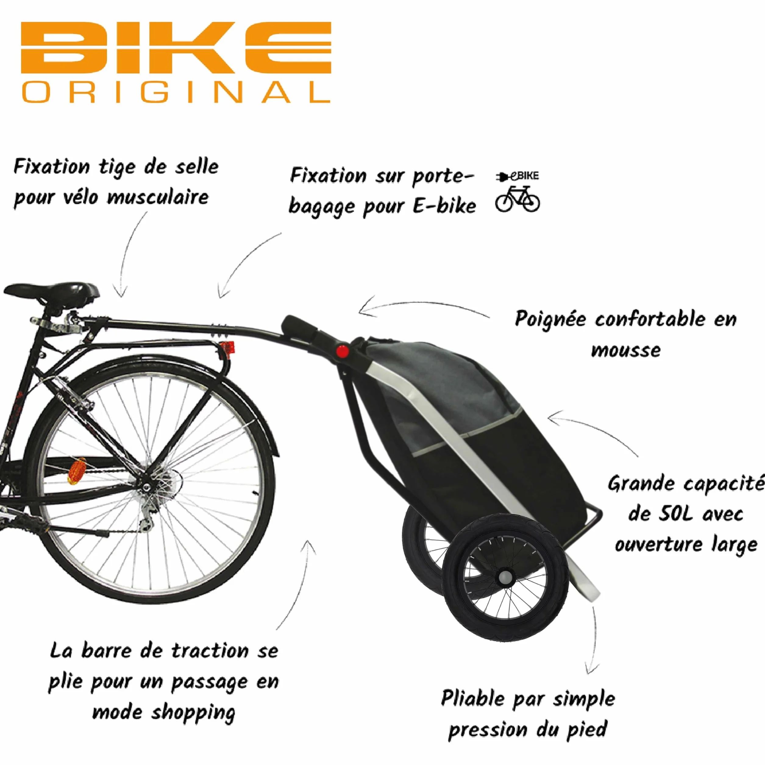 Remorque de vélo 50L 20kg roues gonflables compatible e-Bike VTT ville route