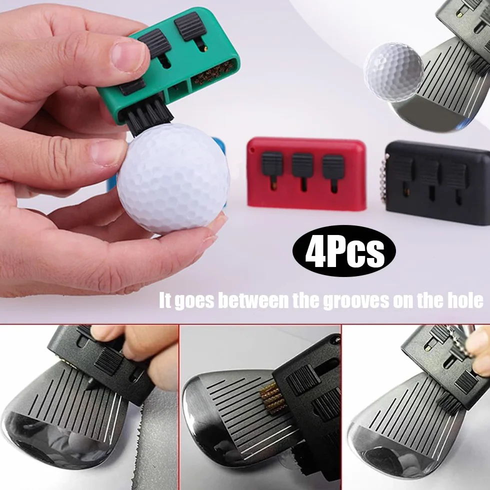 Lot de 4 brosses de nettoyage pour club de golf, taille de poche, brosse de nettoyage multi-usages, kit de nettoyage 3 en 1, portable et rétractable pour balles de golf (4 couleurs)