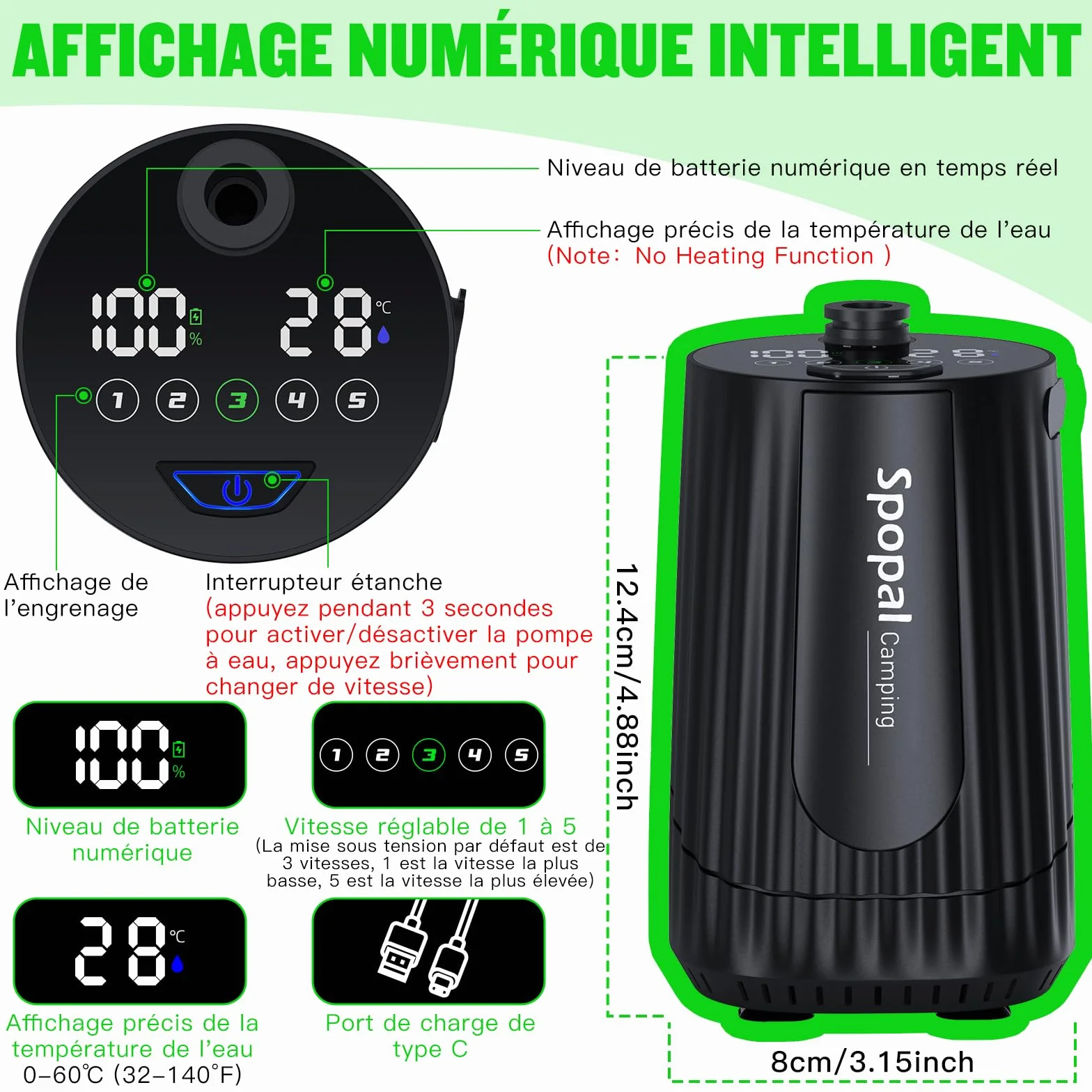 Spopal Douche Portable Camping Rechargeable 10000mAh avec Afficheur Intelligent 5 Vitesses Réglables