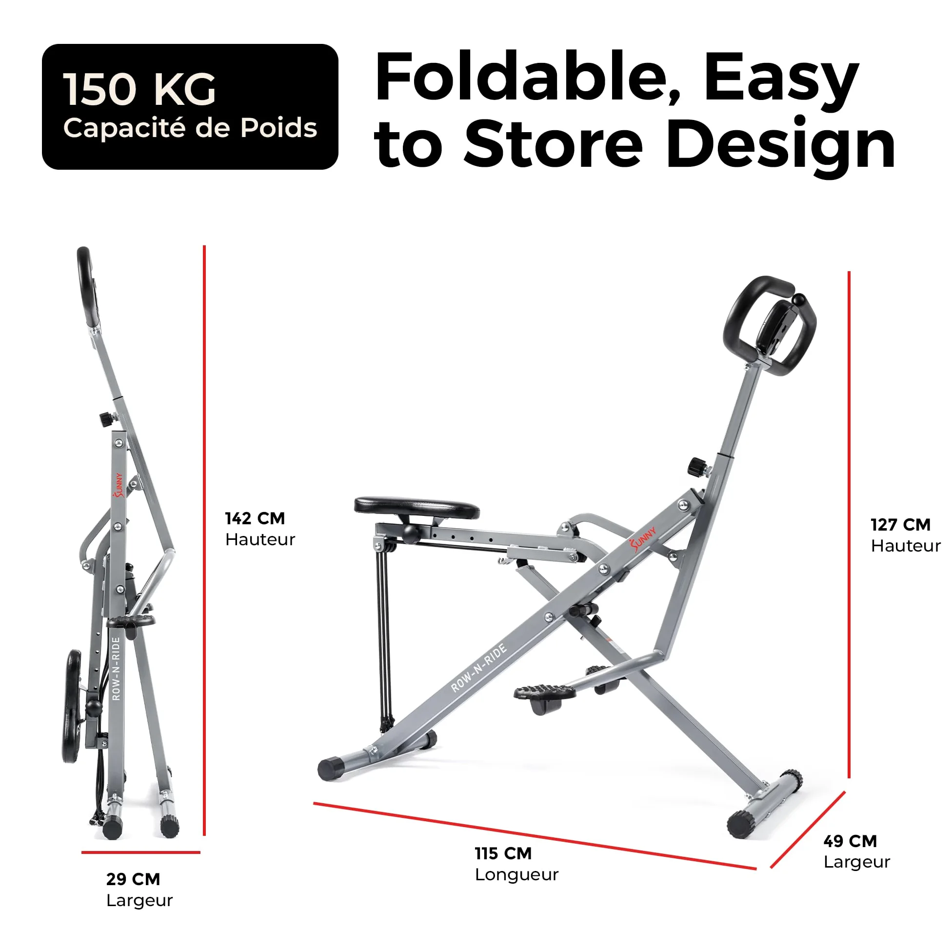 Sunny Health & Fitness Row-N-Ride Connecté Pliable Squat et Rameur | Entraîneur Fessiers et Jambes, 3 Angles de Squat, 4-Résistances, App SunnyFit, 150 kg Charge, Siège et Poignée Réglables