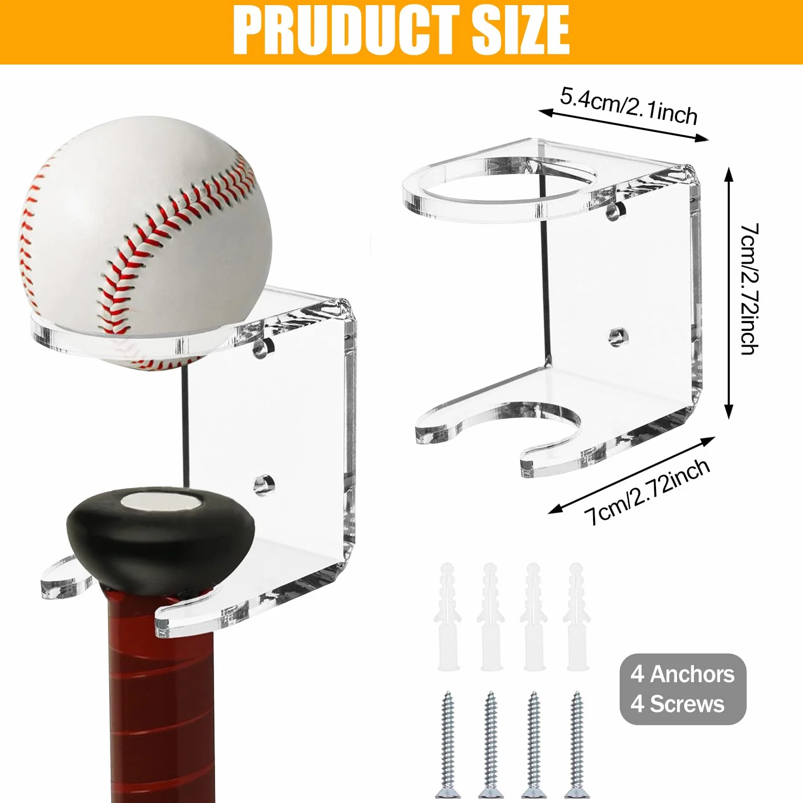 Lot de 2 supports muraux en acrylique pour rangement de batte de baseball - Organisateur d'équipements sportifs