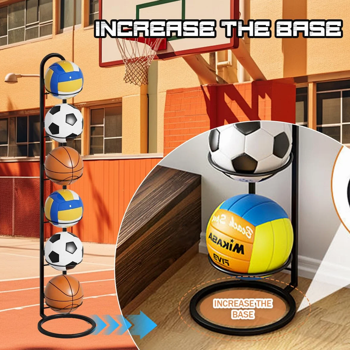 Support Ballon Basket en Métal 6 Niveaux, Rangement Vertical, Porte Ballon Amovible pour Football, Basketball, Volleyball, Rugby