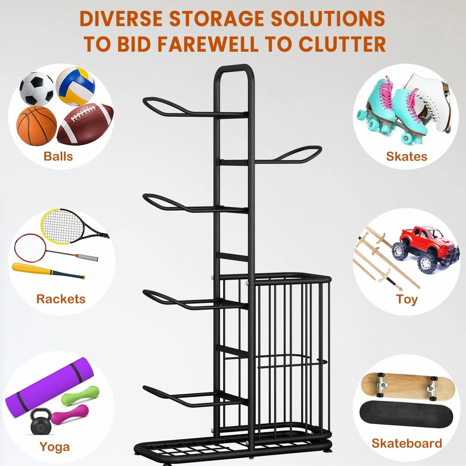 Étagère de rangement pour ballons 5 niveaux présentoir vertical autoportant avec panier