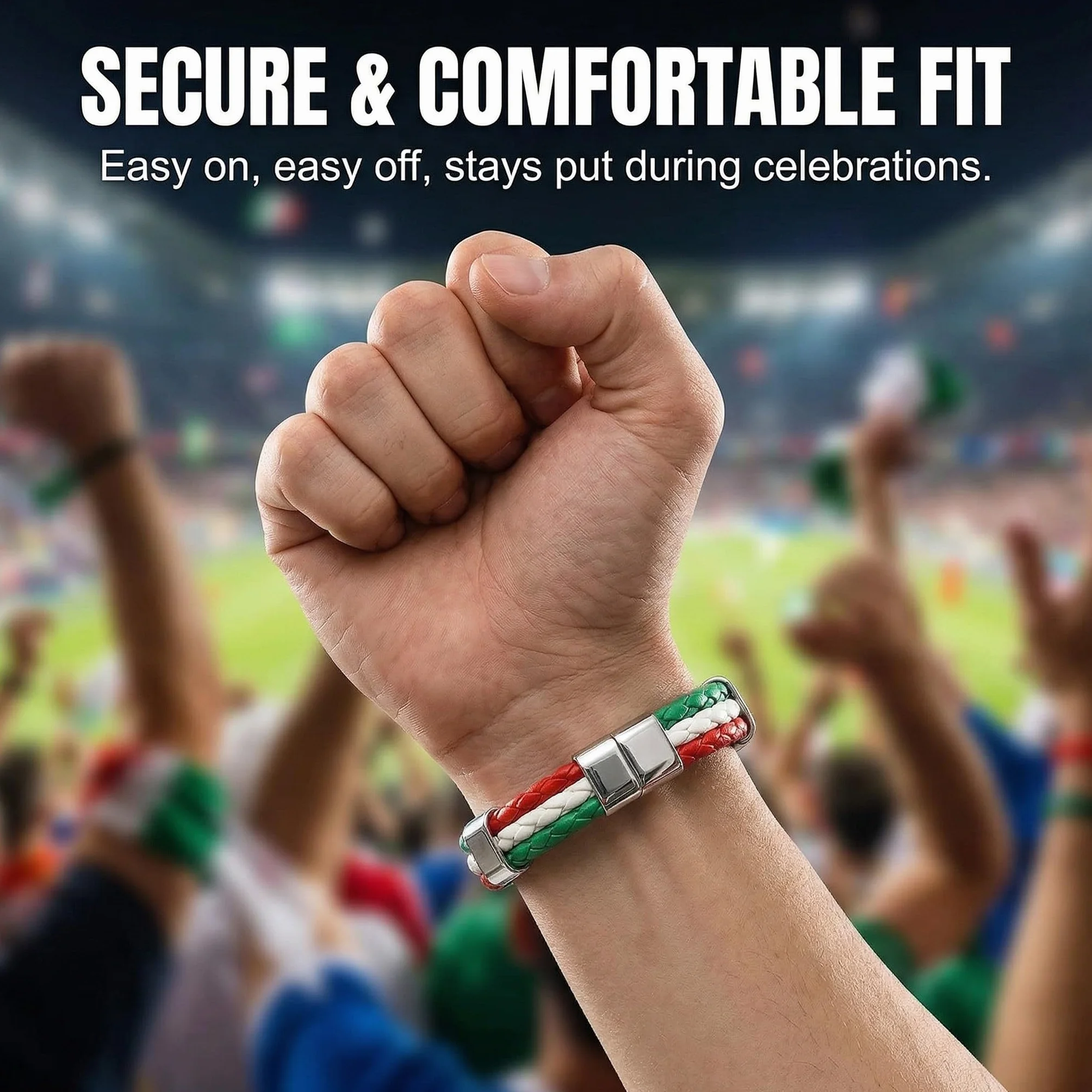 Bracelets Italie Supporter Simili-Cuir Tressé Drapeau Italien Tricolore 22cm