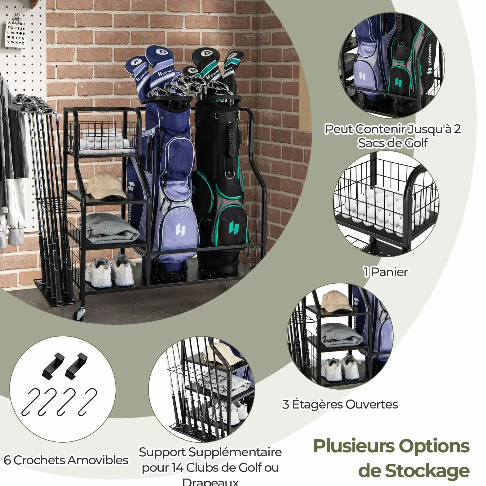 GYMAX Organisateur Rangement Clubs de Golf 4 Roues Verrouillables Étagère Crochets