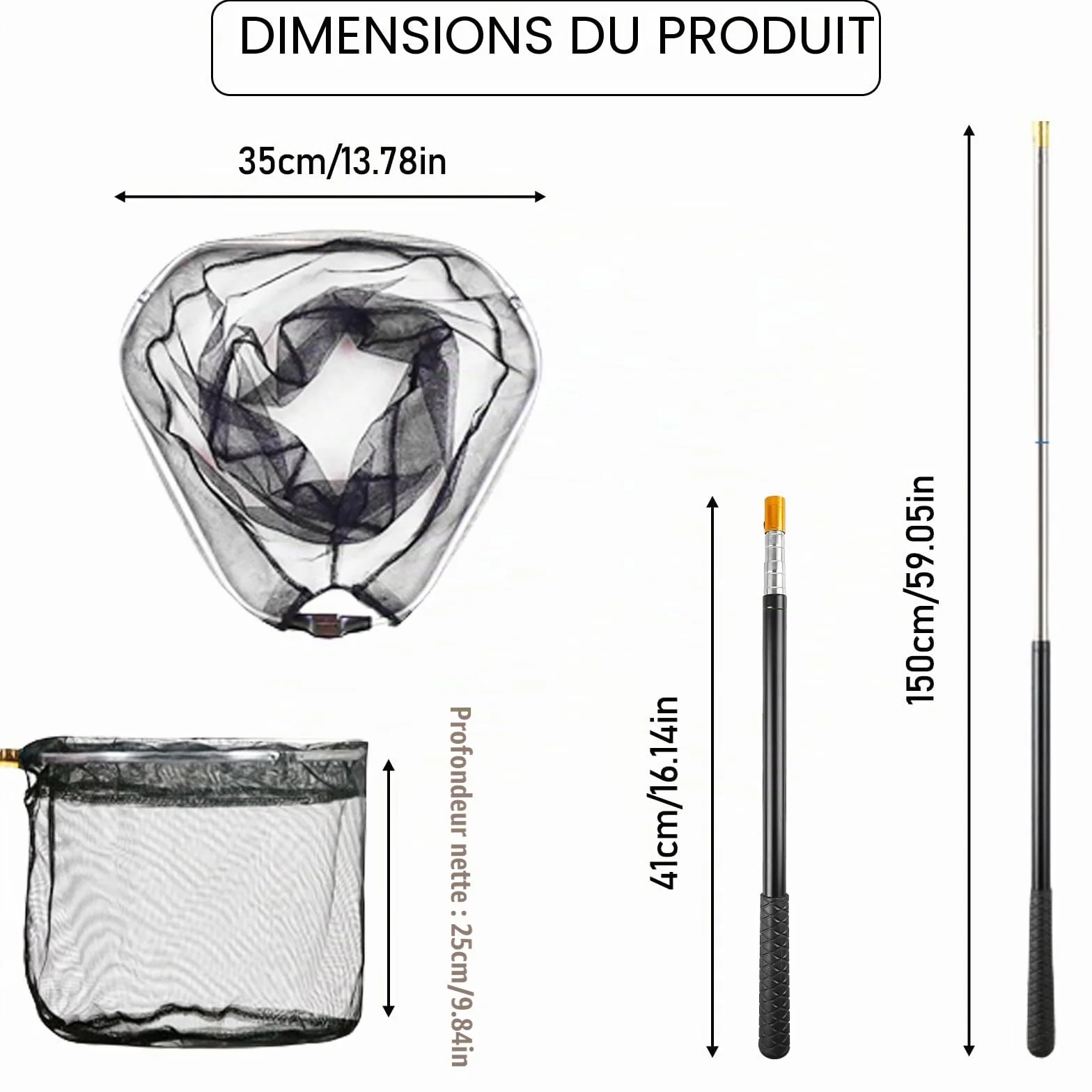 Épuisette de pêche télescopique pliable 130 cm avec sac de rangement