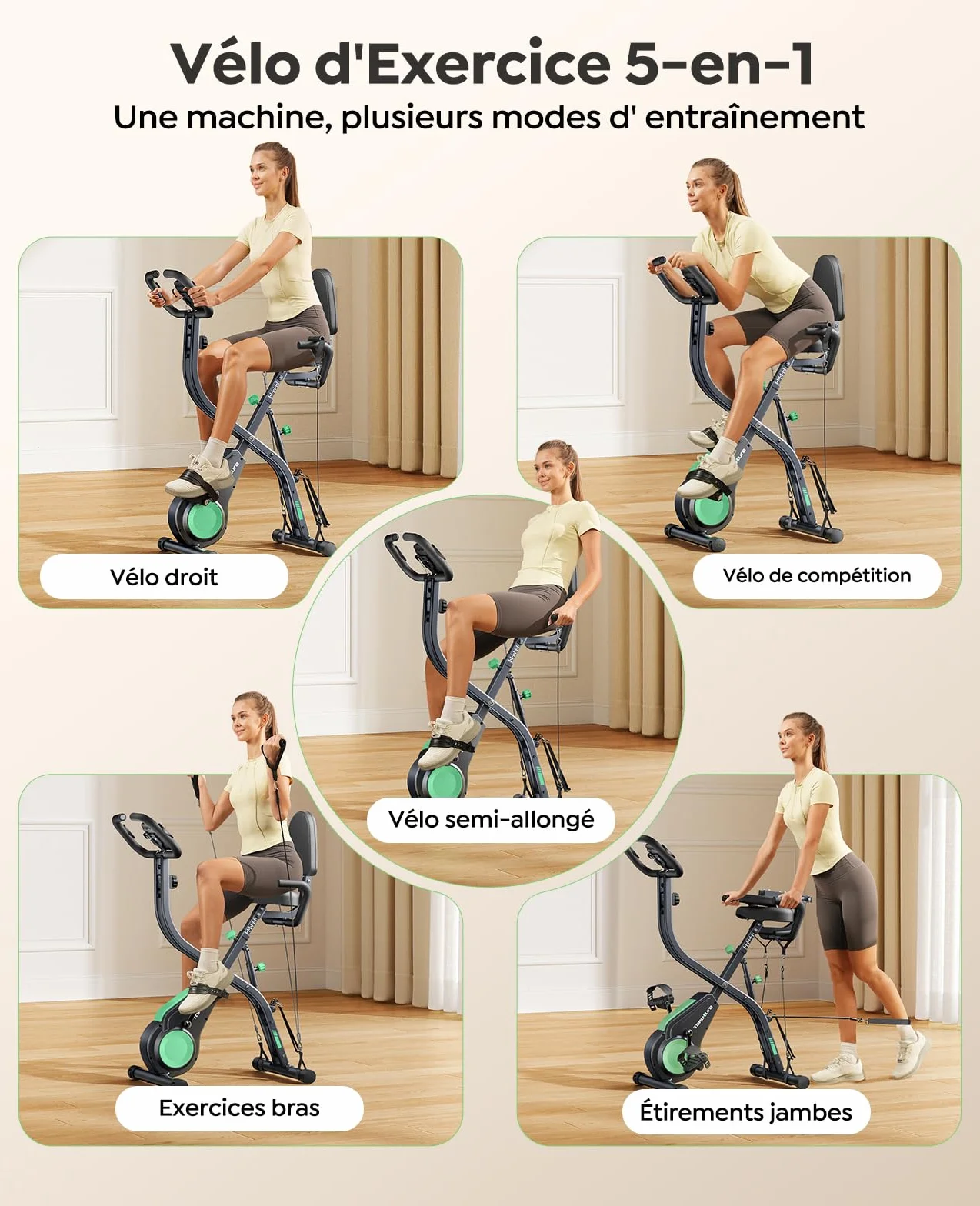 TOPUTURE Vélo d'Appartement Pliable 5-en-1, 16 Niveaux Résistance Magnétique, Moniteur LCD, Compatible APP, 140 kg